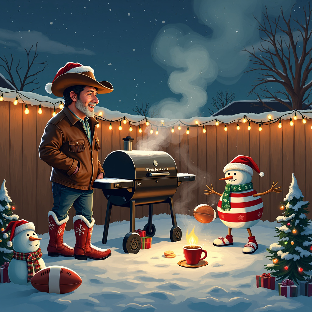 Traeger grills, cowboy boot, rugby Christmas Card