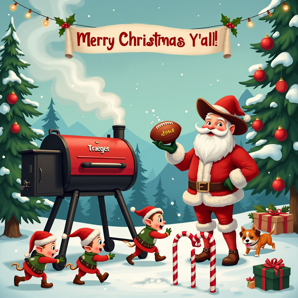 Traeger grills, cowboy boot, rugby Christmas Card