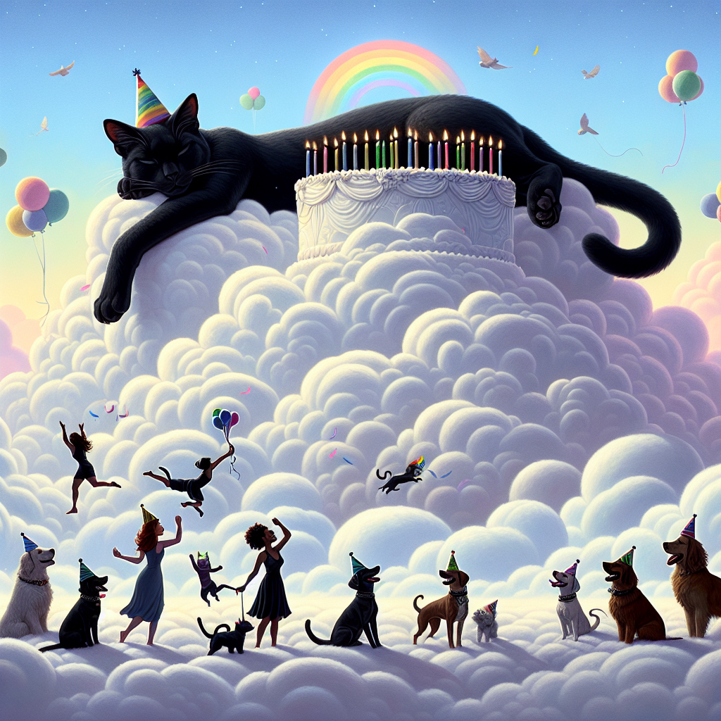 A scene of celebration presents a pitch-black feline lounging gracefully atop a massive stack of soft clouds artfully carved into the shape of a birthday cake, complete with shimmering candles. Below the feline, a joyous group of various breeds of dogs, each sporting cheerful party hats, gambol merrily amongst the celestial clouds. A subtle rainbow flag, a common symbol for LGBT pride, sways lightly from the tail of one of the dogs. An array of soft, beautifully hued clouds, tinged with pastel shades, forms a backdrop high in the sky where silhouettes of two women, each with a paper party crown adorning their heads, are sharing an intimate moment. The evident connection in their interlocked hands reveals the endearing warmth and love inherent in their lesbian partnership, nudging a sense of acceptance and joy in the already cheerful birthday festivities.
Generated with these themes: Black cat, Clouds, Dogs, and Lesbian.
Made with ❤️ by AI.