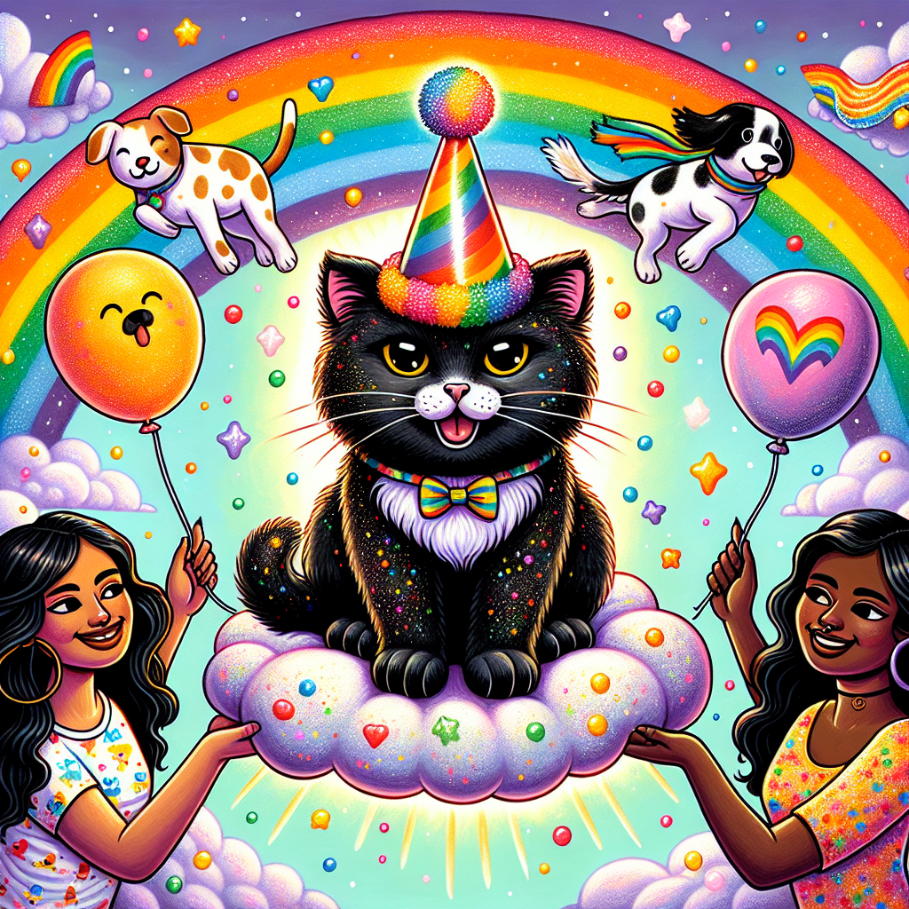Create a whimsical birthday illustration. The centerpiece is a fluffy black cat wearing a festive, multi-colored hat, sitting on a glitter-dusted cloud with a playful smirk. Surrounding this cloud, two jolly dogs float; one is splattered with rainbow-colored spots, while the other wears a suave bow tie, both having small balloons attached to their collars. Behind this scene, a radiant rainbow stretches across the sky. Underneath, two women, one of Middle-Eastern descent and the other South Asian, hold hands in unity, their smiles illuminating the joy of a birthday. Their vibrant and joyous surroundings epitomize an atmosphere of inclusivity and celebration.
Generated with these themes: Black cat, Clouds, Dogs, and Lesbian.
Made with ❤️ by AI.