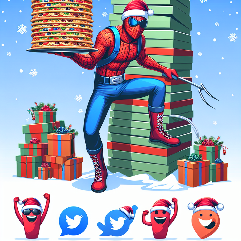 Illustration of a vibrant Christmas scene where Spiderman delivers pizzas stacked in a tower shape with holiday-themed toppings, while internet meme figures cheer and celebrate beneath him.
Generated with these interests: Pizza tower, Spiderman, and Memes.
Made with ❤️ by AI.