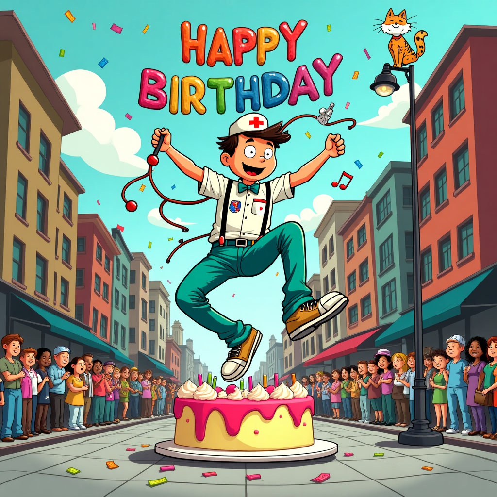 In this playful and vibrant cartoon scene, set against a bustling cityscape reminiscent of the energetic vibes found in breakdancing culture, we find a lively street corner that tells a whimsical birthday tale for Ayay. At the center, a cheeky male nurse, clad in scrubs adorned with cheeky BDSM-themed badges and patches, is enthusiastically breakdancing on a giant, colorful birthday cake. His exaggerated, expressive dance moves send sugary icing splattering in all directions, capturing the movement and fun in a style echoing Charles Schulz's charming Peanuts characters.

To his side, an oversized stethoscope dances to life, twirling around him like a circus performer, its tubing spelling out "Happy Birthday Ayay" in playful, balloon-like letters high above the scene, reminiscent of Winsor McCay's intricate dreamscapes. Nearby, a suave, larger-than-life character styled like a vintage male stripper, complete with a bowtie and suspenders, offers a wink and a cheeky nod to Ayay, referencing his penchant for calling his boyfriend "sugardaddy." The background hums with movement as a crowd of diverse, cartoon-styled people, reminiscent of the eclectic cast from Bill Watterson's Calvin and Hobbes, cheer on the nurse's spectacular performance.

The sky, inspired by Hergé's clear, linear designs, is dotted with animated musical notes and confetti cascading down, adding a festive touch to the scene. To the right, a tiny, mischievous cat, sporting a nurse's cap, sits atop a nearby street lamp, playfully batting at a pair of dangling handcuffs, adding a hint of cheeky humor and whimsy in a nod to Gary Larson's The Far Side. This lively, detailed scene not only celebrates Ayay's birthday but also uniquely incorporates his interests in a fun, cartoonish tableau.
Generated with these themes: He likes expressive dancing very much, He is studying to become a nurse, He loves bdsm, He is into kink, He likes to call my boyfriend suggardaddy, He is interested in breakdance, and He can act like a massive male stripper.
Made with ❤️ by AI.