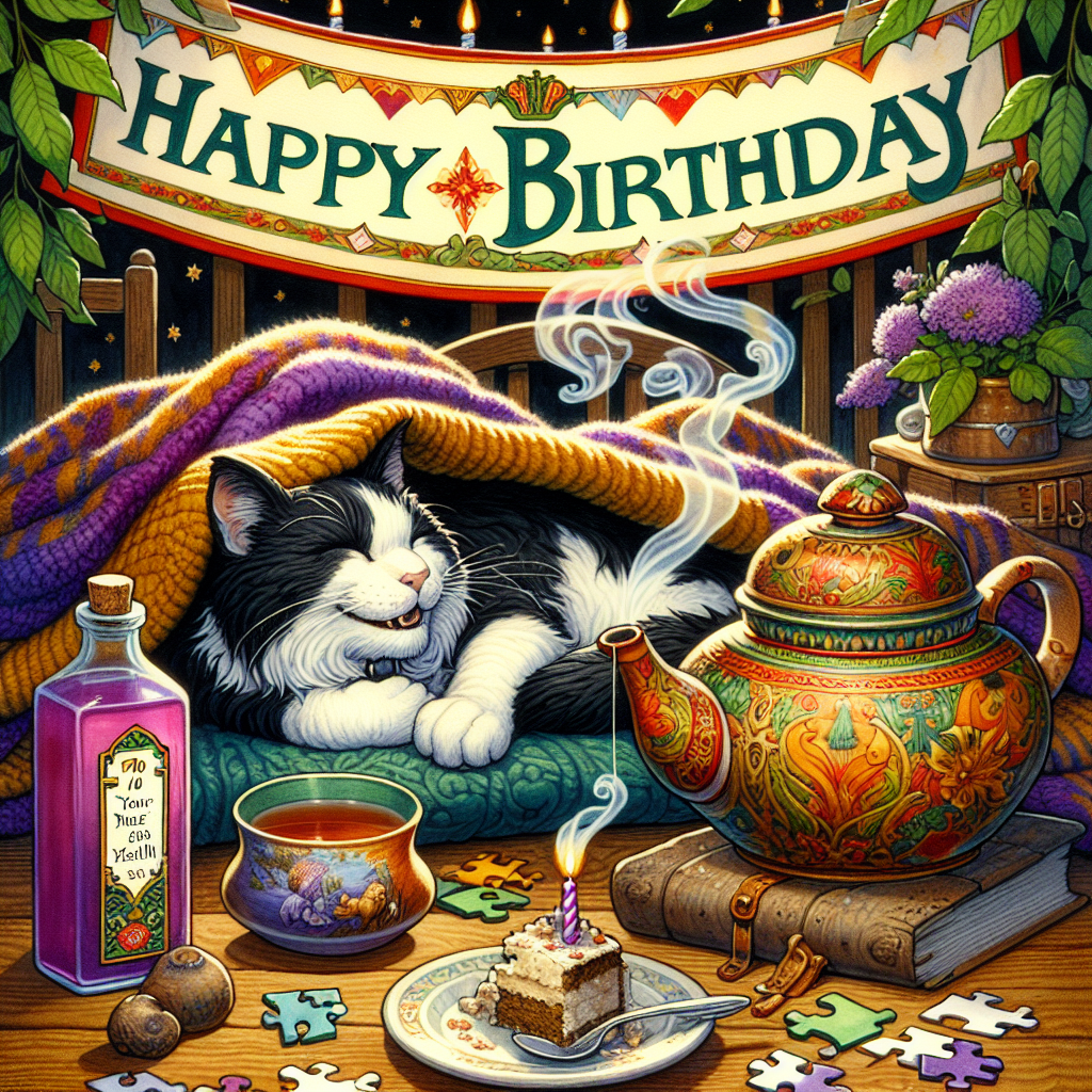Tuxedo cat, Herbal tea, Blankets, Naps, Lord of the rings, and Vimto Birthday Card