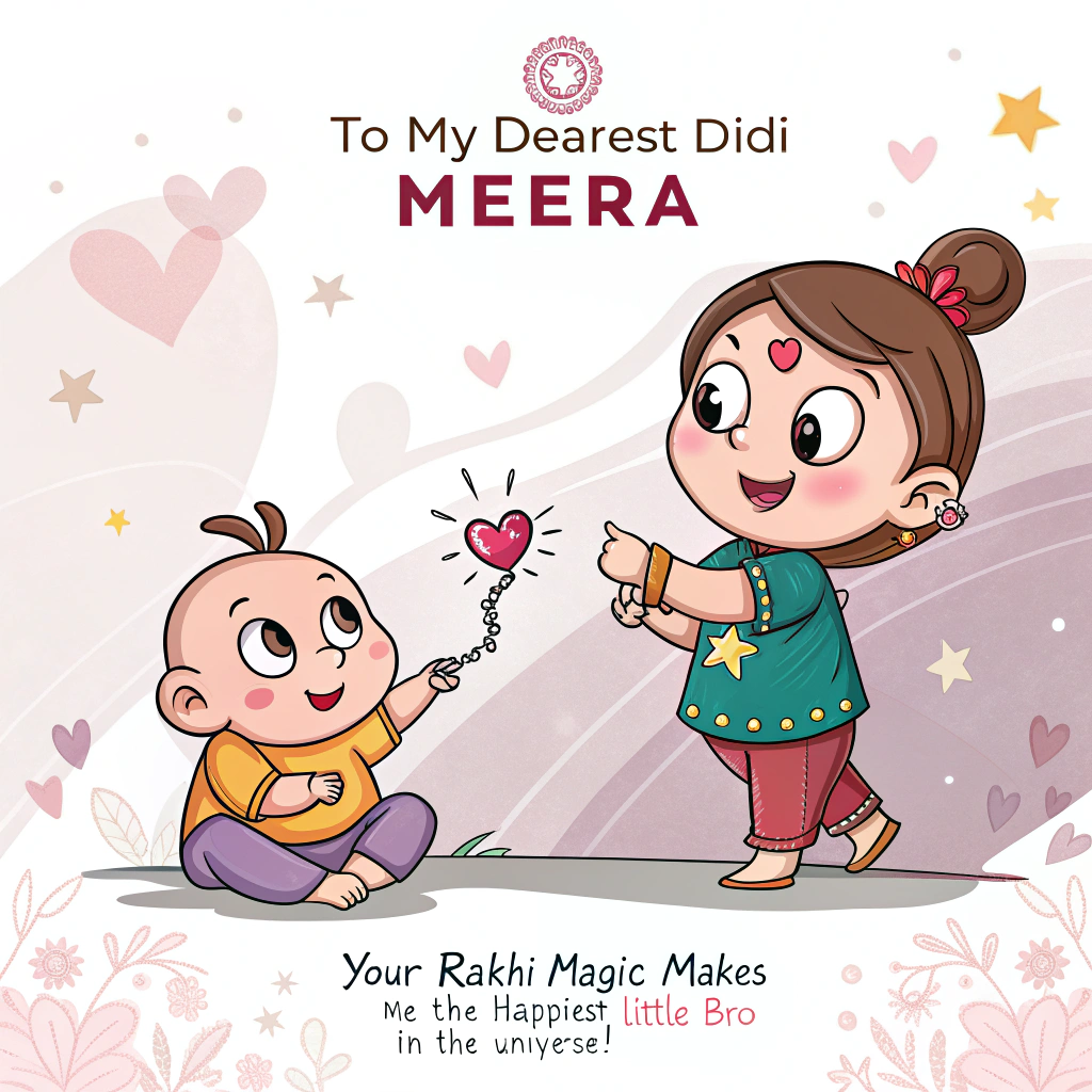 At the top of the image, "To My Dearest Didi Meera 💖":

At the bottom of the image, "Your Rakhi Magic Makes Me the Happiest Little Bro in the Universe!" 

- Illustrate a playful cartoon scene with a tiny baby boy, Aariv, with big round eyes and a cheeky smile, proudly showing off a brightly colored rakhi on his wrist.  
- He's surrounded by whimsical, floating hearts and sparkles, while a larger-than-life, loving sister figure, Meera, stands beside him with a joyful grin, holding a magic wand as if she just made the rakhi appear.  
- Both are dressed in vibrant, traditional Indian attire, with exaggerated features and expressive, animated poses, capturing the essence of sibling love and joy.
Generated with these themes: 💖 To My Dearest Didi Meera 💖 Hi Meera Didi,  Thank you so much for tying this beautiful rakhi on my tiny wrist! It makes me feel so special and loved. You're the best big sister a little brother could ask for.  I might be too small to say it out loud right now, but my heart is full of thank yous for you!  I can't wait to grow up a little bit so we can play together and have lots of fun!  Lots of gurgles and happy smiles,  Your little brother,  Aariv 🥰, and .
Made with ❤️ by AI.