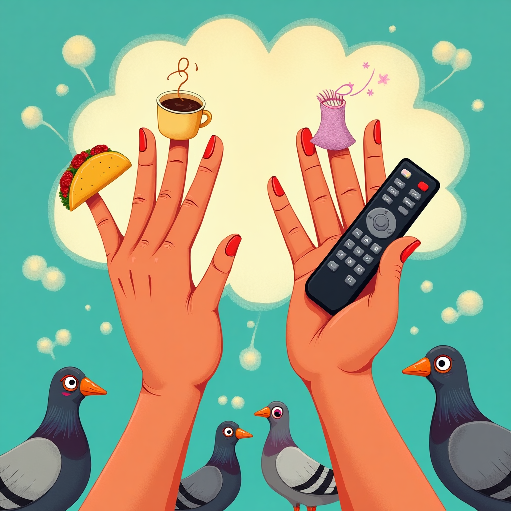**Prompt:**

Create a whimsical, abstract image of two cartoonishly exaggerated hands in a classic praying pose—except instead of fingers, each finger is a different wacky item representing gratitude: a taco, a coffee cup, a sparkly sock, a tiny unicorn, and a remote control. The hands are floating mid-air over a glowing cloud shaped like a giant “Thank You” speech bubble. Use bright, clashing colors, squiggly outlines, and unexpected textures (like fur, sprinkles, or rubber ducky skin) to keep it playfully absurd. A few confused pigeons in the background wearing monocles complete the scene with a bewildered expression. Let the image shout gratitude in the most delightfully chaotic way possible.
Generated with these themes: Hand praying .
Made with ❤️ by AI.