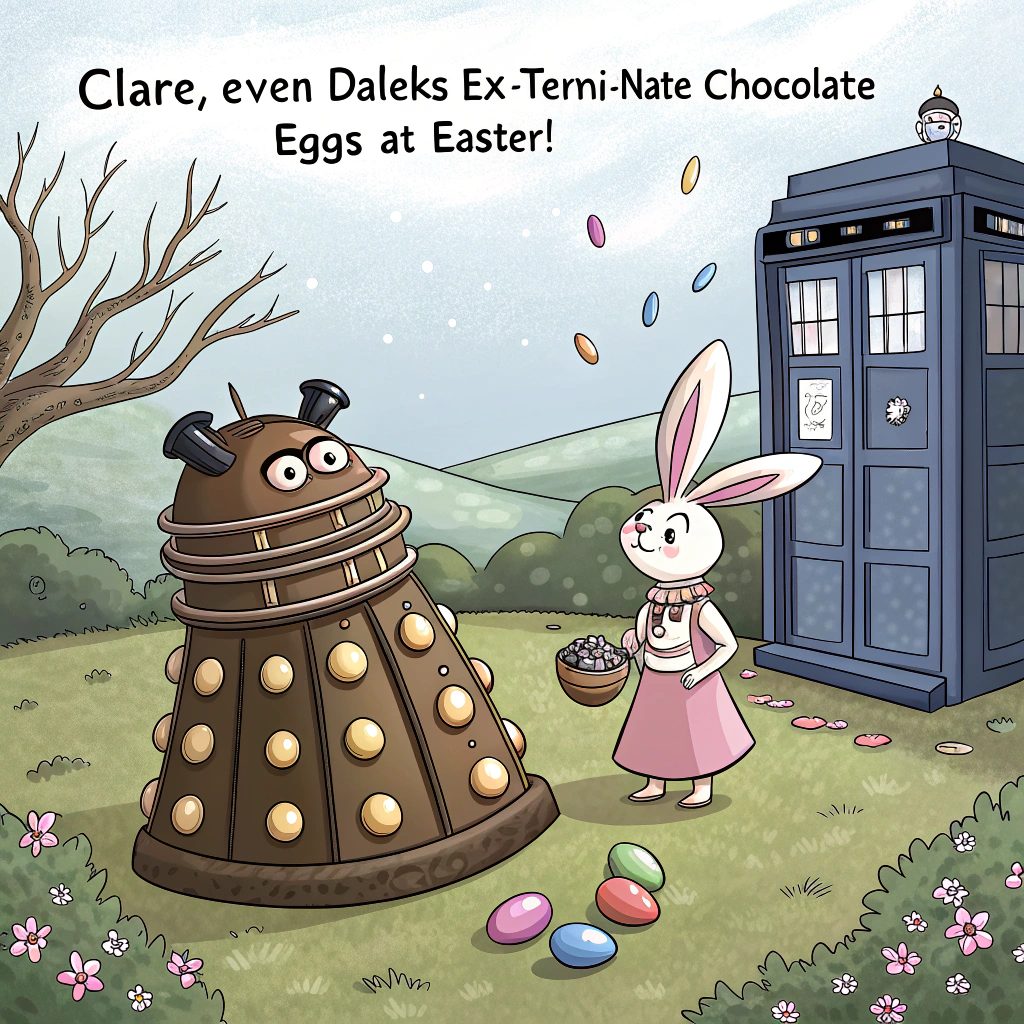 At the top of the image, "Clare, even Daleks EX-TERMI-NATE chocolate eggs at Easter!"

- Depict a quirky cartoon scene where a Dalek is frantically trying to balance a tower of wobbling chocolate eggs on top of its head, with one already smooshed on the floor beside it.
- In the background, the TARDIS is decorated with giant bunny ears and pastel-colored Easter lights, sitting in the middle of a spring meadow full of giant jelly beans and robotic bunny rabbits.
- A confused Doctor peeks out from the TARDIS door, holding a half-bitten creme egg, saying, “This isn’t Gallifrey, is it?”
Generated with these themes: Tardis with Dalek at Easter time.
Made with ❤️ by AI.