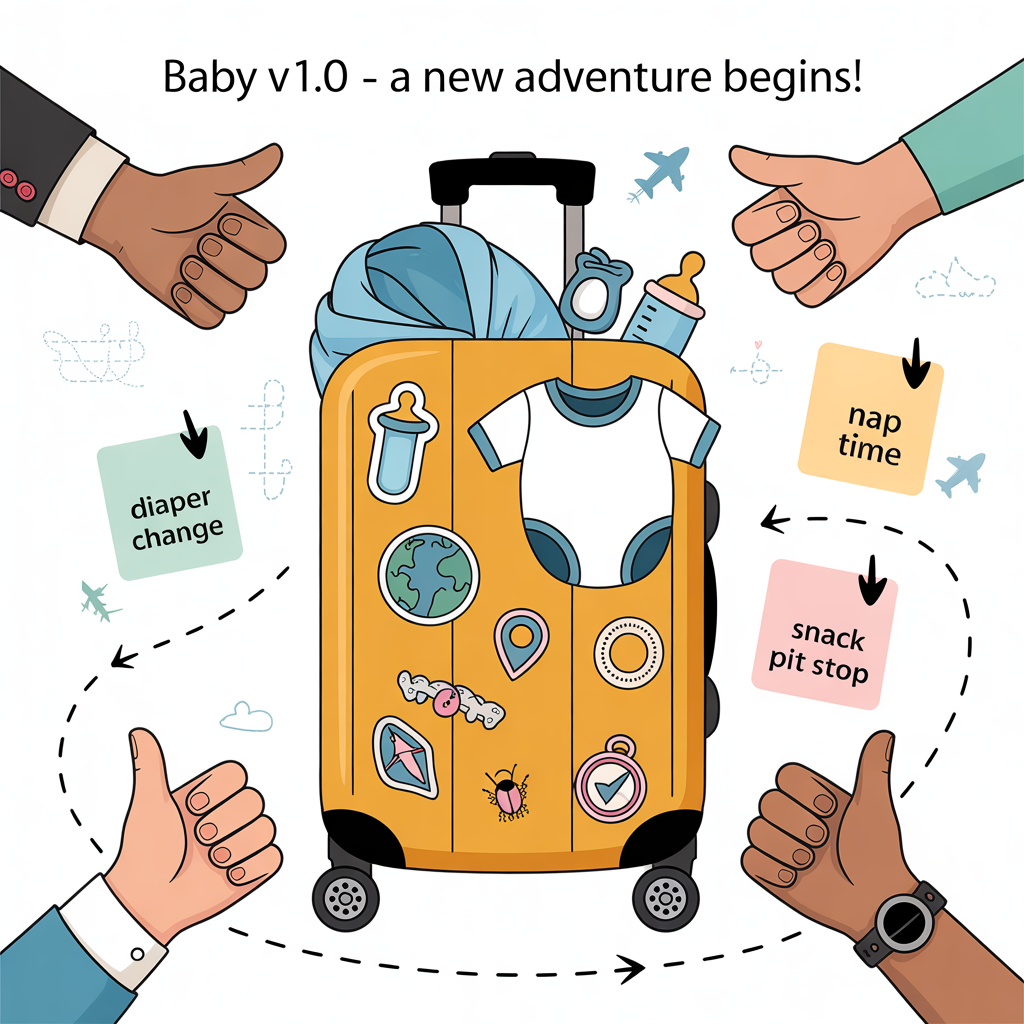 At the top of the Vector Style image, "Baby v1.0 – A New Adventure Begins!"

Center a clean, flat-vector travel-themed “product roadmap” scene: a large, overstuffed suitcase in crisp solid colors, bursting with baby gear (bottle, pacifier, rattle, onesie, teeny booties, swaddle peeking out). Cover the suitcase with playful travel stickers as simple icons (globe, airplane, compass, location pin, curly braces, a tiny bug with a checkmark), no text on stickers. Arrange three pastel sticky notes around the suitcase like milestone stops on a dotted travel path with arrows: label them exactly “Diaper Change”, “Nap Time”, and “Snack Pit Stop”. Add multiple cartoon hands from the edges (diverse skin tones, shirt cuffs, watch bands), all giving big thumbs-ups toward the suitcase and notes.

Background: light, airy, minimal—subtle map grid lines and a faint dotted flight path looping around, plenty of white/negative space. Style: clean flat-vector art with crisp lines, solid color blocks, minimal gradients, modern layout, balanced composition.

At the bottom of the Vector Style image, "Roadmap: On Track. Sleep: In Backlog."
Generated with these themes: Remote worker, expert product manager, loves to travel , and .
Made with ❤️ by AI.
