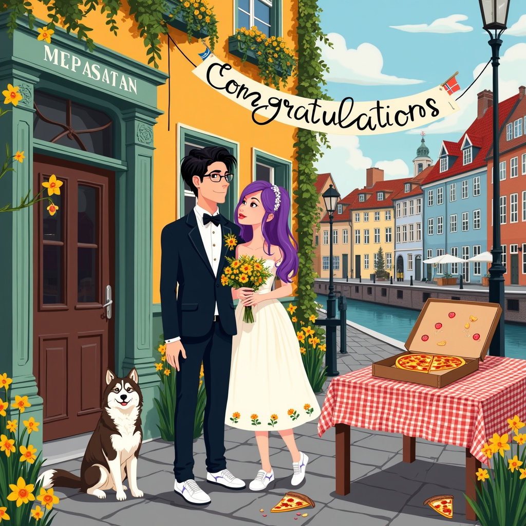 One  Black and white female Malamute , One bigger Brown and white female Malamute, Copenhagen , Danish flag , Dark haired groom with glasses , Purple haired bride with knee length white dress and white trainers , Pizza , Registry office wedding , Daffodils , and Board games Wedding Card