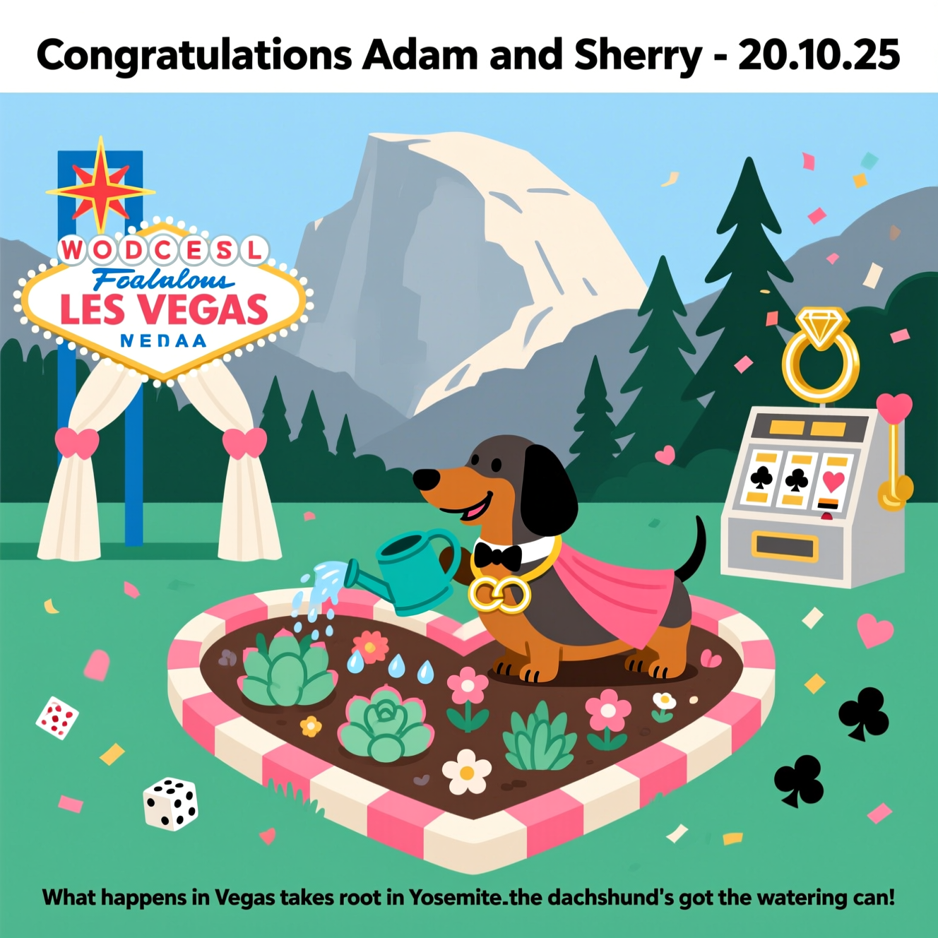At the top of the Vector Style image, "Congratulations Adam and Sherry - 20.10.25"

At the bottom of the image, "What happens in Vegas takes root in Yosemite—the dachshund's got the watering can!"

- Center scene: Clean flat-vector Yosemite valley with a bold Half Dome silhouette and tall pines under a clear sky.
- Foreground: A heart-shaped raised garden bed edged with oversized poker chips and tiny dice, sprouting a mix of succulents and alpine wildflowers in solid color blocks.
- Comedic hero: A long, cheerful dachshund ring-bearer in a tiny bow tie (and a playful Elvis-style cape), collar adorned with two interlocked rings, gently tipping a teal watering can—watering the heart-bed with simple heart-shaped droplets.
- Left side: A stylized neon wedding arch inspired by classic Las Vegas signage—retro starburst topper and dotted marquee bulbs—kept text-free for a clean look.
- Right side: A minimalist slot-machine planter overflowing with flat-vector blooms; the lever forms a shiny gold wedding ring shape.
- Subtle confetti: Hearts, diamonds, clubs, and spades float lightly around the scene for celebratory energy.
- Style: Crisp outlines, geometric shapes, solid fills, minimal or no gradients; modern, balanced composition with generous white space around the top and bottom text.
- Palette: Granite blue-gray, forest and jade greens, soft cream, neon coral/pink accents, and warm gold highlights.
Generated with these themes: Las Vegas, Yosemite, daschund, gardening, and .
Made with ❤️ by AI.