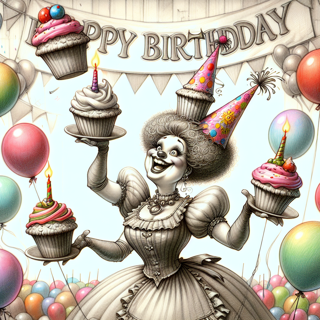 A whimsical drawing features a cartoonish 'funny mum' character wearing a party hat and juggling cupcakes, surrounded by colorful balloons. In the background, a banner proclaims 'Happy Birthday' in bold, cheerful letters.
Generated with these themes: funny mum  .
Made with ❤️ by AI.