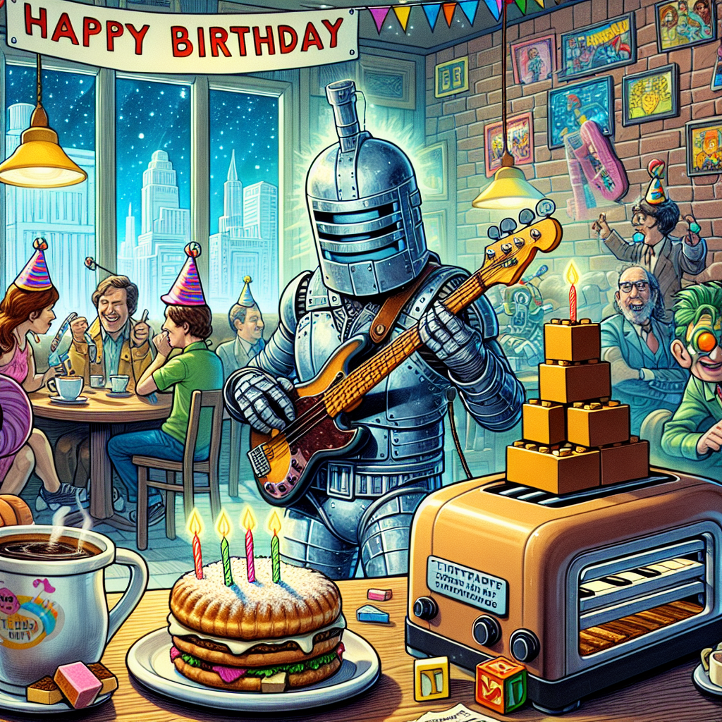A whimsical birthday illustration showing a comic book universe backdrop. A cozy coffee shop buzzes with characters resembling the aesthetic of classic superheroes, kicking back on a day off. A metallic armored character, distinct with a humoristic twist, plucks the strings of a bass guitar, amusing the customers. Amidst the vibrant confusion, a life-sized block-based figurine erects a structure using a mishmash of bricks, while a hint of toaster pastries garnished with birthday candles introduces a lighthearted element to this festive tableau.
Generated with these themes: Marvel, Coffee, Bass player , Lego, and Pop tarts .
Made with ❤️ by AI.