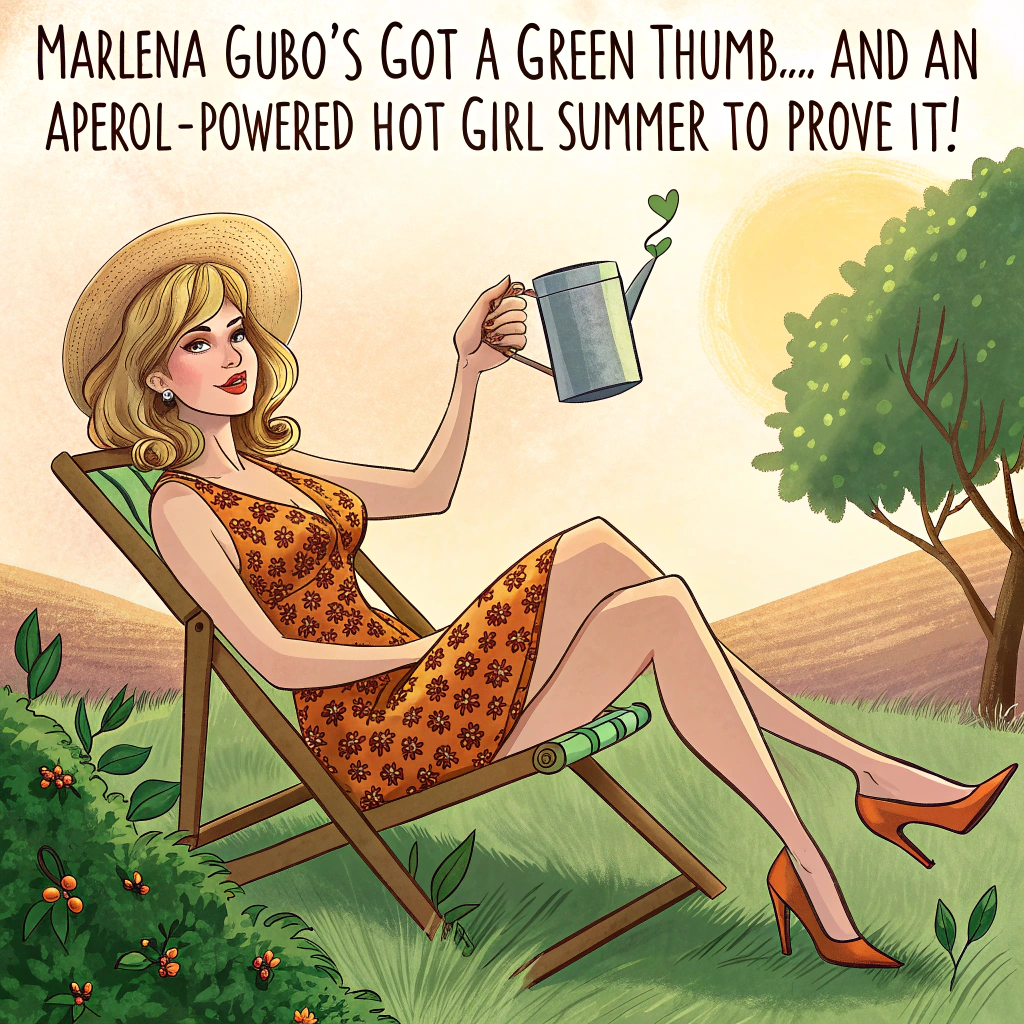 A woman that looks like Taylor Swift in a Fran Fine outfit , Sits in her garden with a surfer boy and beige long haired dog, Starring Marlena Gubo, The title of the show is "Hot girl summer", Holding in the left hand a watering can with aperol spritz, and Birthday Card