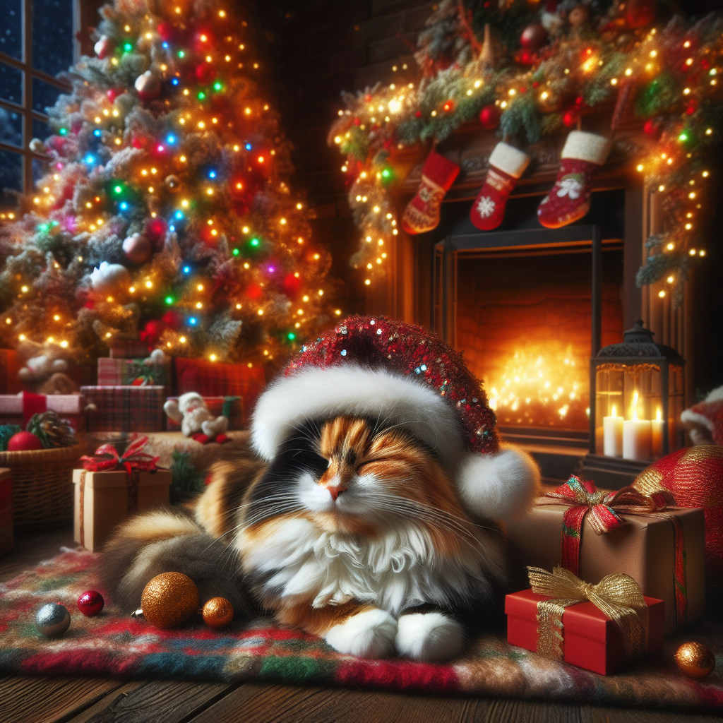 A wintry Christmas setting is presented, filled with seasonal delight. Nestled in a snug, festively adorned living room, a robust calico Domestic Shorthair cat lies leisurely by the comforting heat of the fireplace. This standard-sized feline carries a calico coat mixed with vibrancy and character. Adorned on its head is a charming Santa hat, and it displays a jovial expression, much like the spirit of Christmas. Contributing to the celebratory environment is a lush, radiant Christmas tree, decked out with a myriad of multicolored lights. In its surrounding, an assortment of gifts wrapped with care are displayed, their contents remaining a whimsical mystery until the day they are unveiled.
.
Made with ❤️ by AI.