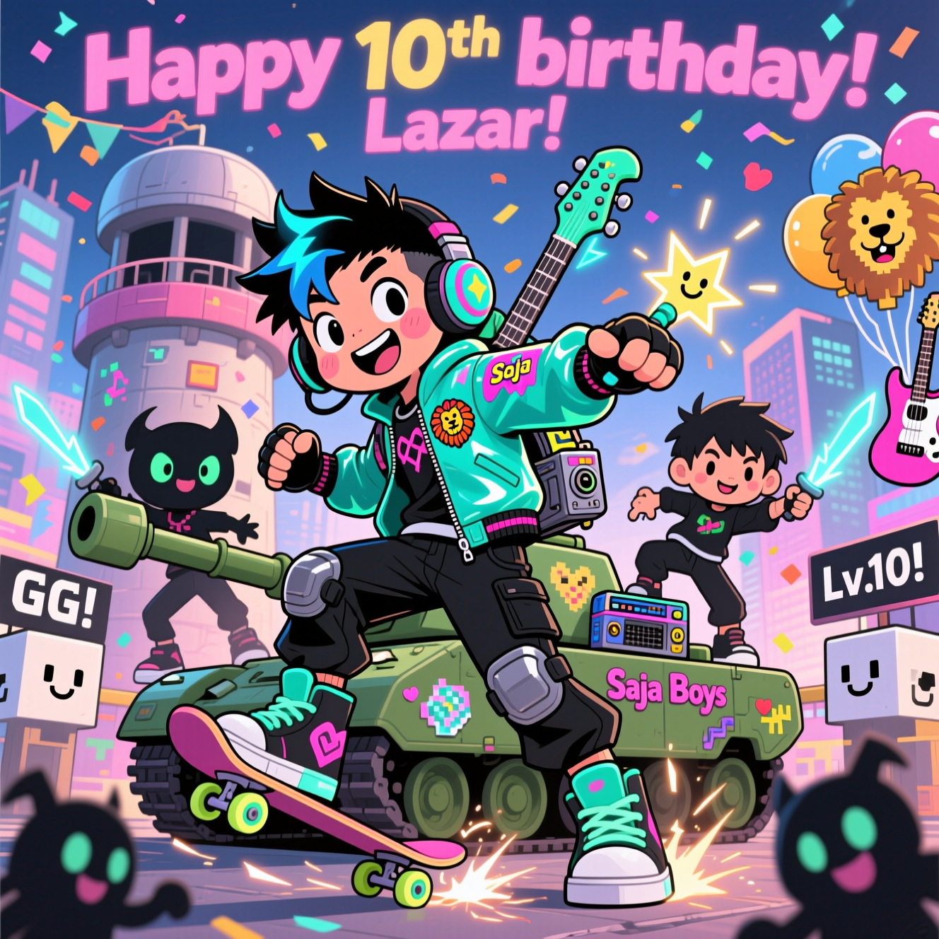 A 10 year old Asian boy who loves breakdancing, Kpop demon hunters, Saja Boys, playing electric guitar, metal music, playing Roblox, skateboarding, military especially tanks, and Birthday Card