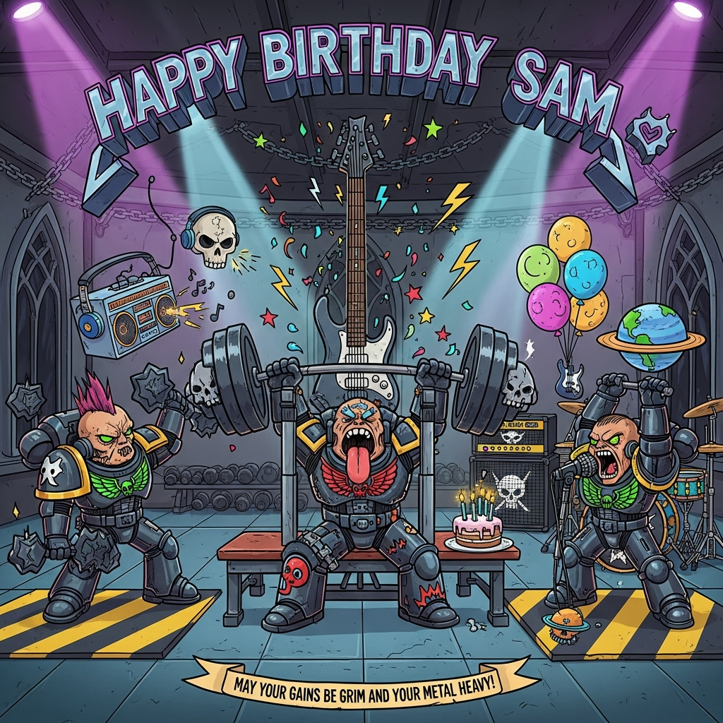 At the top of the Cartoon Style image, “Happy birthday Sam ❤️” in massive spiky heavy‑metal chrome letters with a neon purple glow, arched like a concert banner.

A playful, high-energy Cartoon Style scene inside a gothic sci‑fi gym on a starship: chibi Warhammer-style space marines in oversized glossy black power armor with neon magenta, cyan, and acid-green accents, thick outlines, exaggerated proportions, and goofy heroic poses. Center marine bench‑presses a barbell made from an electric guitar neck with skull/planet weight plates; tongue out, comedic sweat droplets, confetti shaped like lightning bolts and stars flying. On the left, a marine curls meteor dumbbells while headbanging; a floating servo‑skull boombox with headphones blasts music. On the right, a marine swings a planet-shaped kettlebell while screaming into a microphone, next to a glowing amp stack and drum kit with stylized skull motifs (no readable text). A birthday cake sits on a weight bench with sparkler candles; balloons shaped like moons and tiny guitars; hazard‑stripe mats; gothic arches and chains in the background. Dramatic concert lighting beams, neon rim lights, bright saturated colors, chunky inked outlines, shiny highlights on the black armor, whimsical, energetic poses and silly expressions. No logos or additional readable text.

At the bottom, add a small cheeky caption on a jagged ribbon: “May your gains be grim and your metal heavy!”

Do not add any other text.
Generated with these themes: Warhammer , gym, space marines, music,  heavy metal , black , and .
Made with ❤️ by AI.