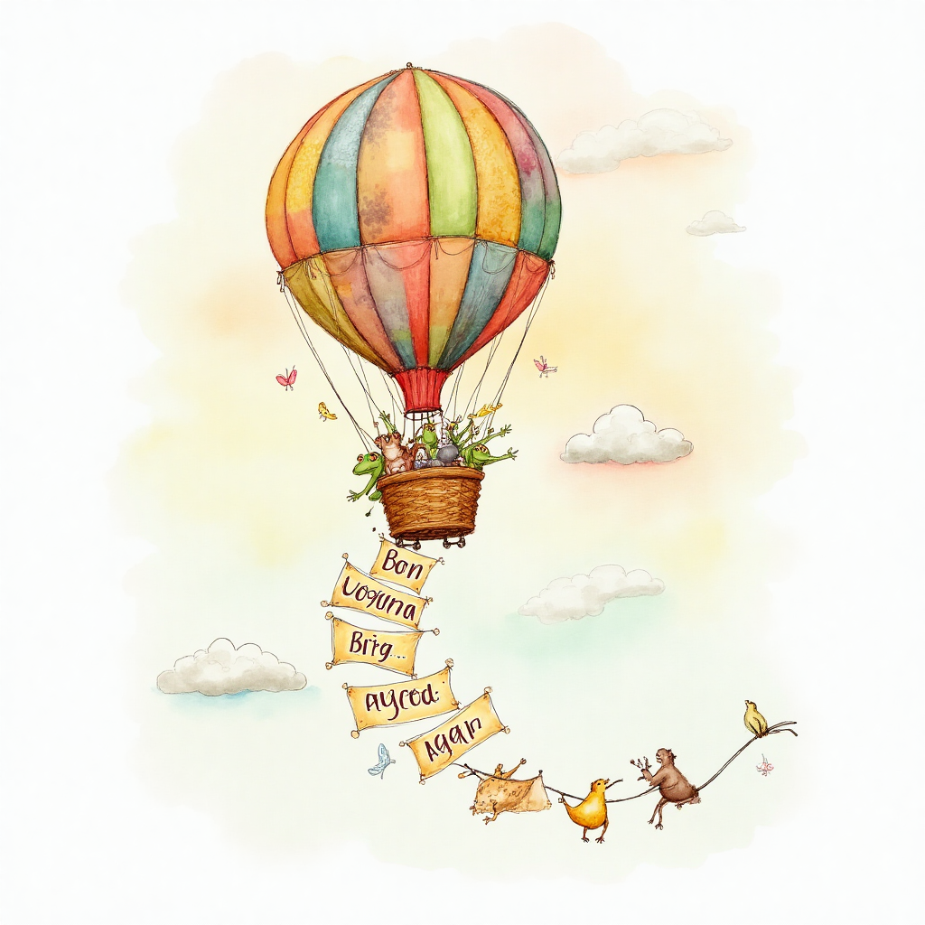 At the top of the Watercolor Style image, the text: "You're leaving ... again!"

**Image Prompt:**

Imagine a whimsical watercolor scene depicting a comical hot air balloon made of colorful patchwork fabrics, lazily floating away into a pastel sky. The basket is humorously overcrowded with quirky little creatures like frogs, birds, and cats waving tiny handkerchiefs. The balloon trails a string of banners that read "Bon Voyage... Again?" against a backdrop of soft, fluffy clouds and a faint watercolor rainbow, creating a light-hearted farewell moment. The warm and playful tones bring a sense of humor and joy to the scene.
Generated with these themes: Diatoms graham underwood ecologist, Morris dancing, and .
Made with ❤️ by AI.