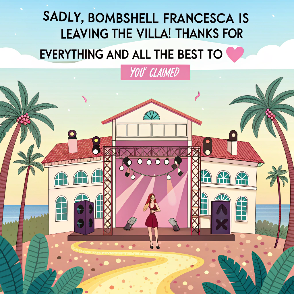At the top of the Cartoon Style image, "Sadly, Bombshell Francesca is leaving the Villa!  Thanks for everything and all the best to you!"

At the bottom of the image, "From mosh pits to blush kits—you leave us totally mist-ified!"

- Center scene: A vibrant Love Island-style villa transformed into a beachside concert stage. Palm trees strung with neon fairy lights frame a sun-kissed stage with towering speakers and glittery spotlights.
- Star of the show: Cartoon Francesca, exaggerated proportions and thick outlines, mid-hair-flip on a giant speaker. She’s in edgy alternative fashion: studded leather crop jacket, tartan mini, fishnets, chunky platform boots, and split-dye neon hair. Massive winged eyeliner, glitter freckles, and a playful smirk.
- Mic + makeup mashup: Francesca sings into a vintage perfume-bottle microphone with a squeeze bulb that sprays heart-shaped mist. A huge eyeshadow palette doubles as a DJ deck; a mascara wand stands in as a bass guitar; lipstick drumsticks bang on a compact drum.
- Crowd energy: Cartoon islanders in edgy-alt swimwear and accessories (mesh cover-ups, chokers, bold piercings) cheer with glow bracelets and heart-shaped sunglasses, waving inflatable perfume bottles and foam fingers shaped like lipsticks.
- Background details: Pool reflecting neon hearts and lightning bolts; confetti raining down shaped like tiny musical notes and mini lipsticks; a cheeky seagull sporting perfect eyeliner swoops by.
- Style and palette: Bright saturated pinks, turquoise, lemon yellow, and electric purple; bold, thick black outlines; whimsical, energetic poses; dynamic motion lines and sparkles for comedic pop.
- Composition: Slight low-angle hero shot of Francesca center stage; the top headline sits in a glossy lipstick-swipe banner; the bottom punch-line rides a studded ribbon banner across the stage front.
Generated with these themes: Concerts, Makeup, Perfume, Love Island, Edgy Alternative Fashion, and .
Made with ❤️ by AI.