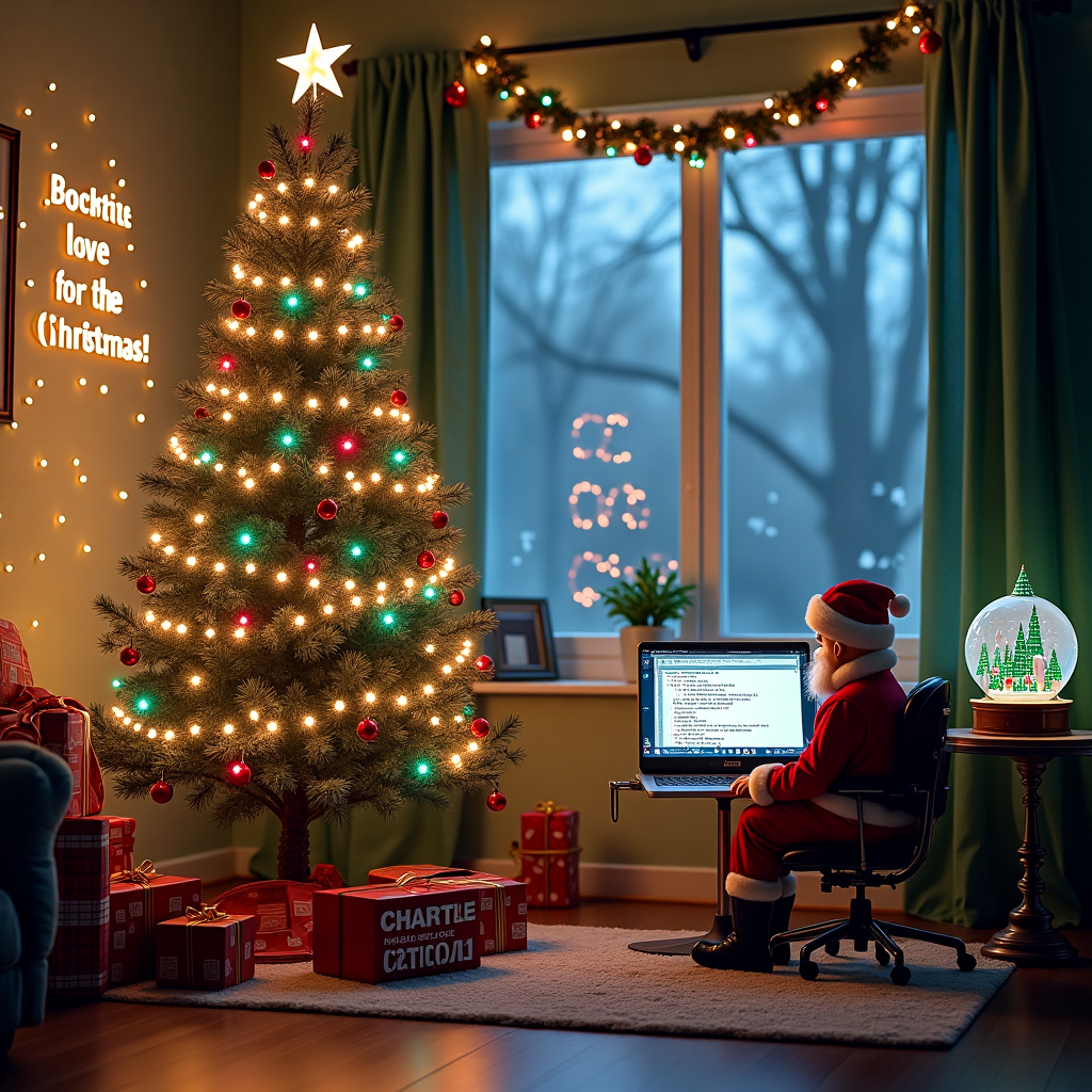 Picture a bustling, festive Christmas scene inside a cozy living room that has been transformed into a whimsical computer science winter wonderland. The centerpiece is a glowing, holographic Christmas tree crafted entirely out of binary code (1s and 0s), shimmering with a spectrum of colors that change with the flicker of an LED star perched on top. Circuit boards and computer chips serve as ornaments, hanging alongside candy canes and tiny pixelated snowmen. 

Around the tree, there's an open laptop with a steaming mug of cocoa perched on its keyboard. The screen displays a quirky animated Santa Claus character coding furiously, his sleigh lined with lines of JavaScript. He wears a USB belt and his reindeer have pixel antlers. Scattered around are brightly wrapped gifts with QR codes as gift tags, hinting at tech-savvy surprises inside.

On the wall behind the tree, "Merry Christmas, Mrs. Jackowski!" is cleverly spelled out in a string of festive LED lights, each bulb shaped like a different key from a vintage typewriter, casting a warm glow across the room. The floor is adorned with a digital welcome mat featuring a humorous pun: "There's No Place Like 127.0.0.1 for the Holidays."

To the side, a robotic elf, made entirely of old hard drive parts, is busy hanging a garland made of fiber optic cables. In the window, snow falls softly, each flake a tiny geometric fractal design, reflecting the brilliance of a snow globe on a nearby table. The snow globe contains a miniature motherboard cityscape, where tiny Christmas trees made of green microchips sprout from the ground. 

The scene is a quirky fusion of Christmas cheer and computer science wonder, capturing the spirit of the holidays with a delightful tech twist, all while keeping Mrs. Jackowski at the heart of the festive tale.
Generated with these themes: Computer science.
Made with ❤️ by AI.