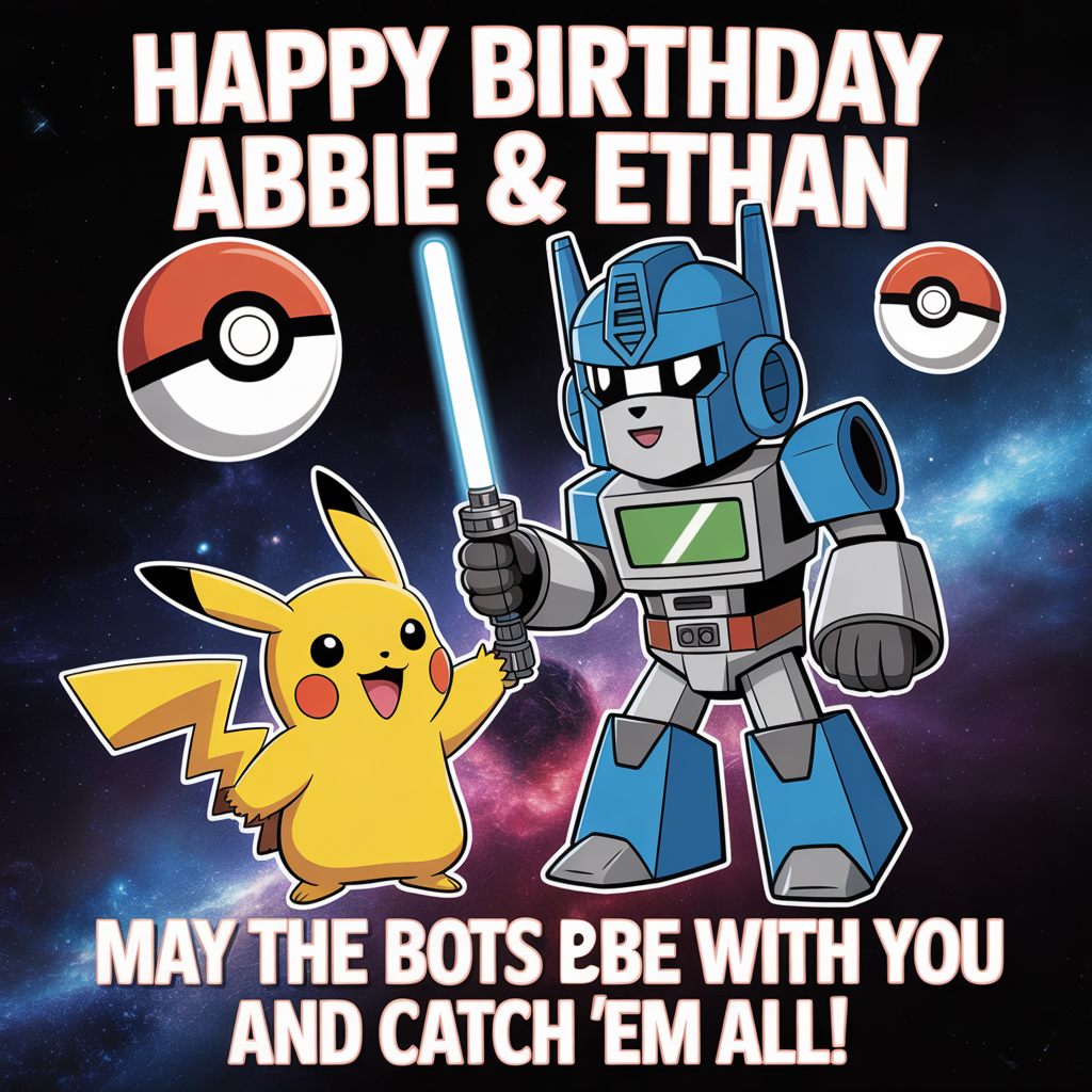 At the top of the image, "Happy Birthday Abbie & Ethan":

At the bottom of the image, "May the Bots be with You and Catch 'Em All!"

- In the center of the image, illustrate a playful cartoon mashup scene. Have a Transformer robot holding a lightsaber with one hand while high-fiving a Pikachu in a Jedi robe with the other. In the background, include elements of a starry galaxy and a Pokéball-like Death Star.
Generated with these themes: Transformers, star wars, pokemon, and .
Made with ❤️ by AI.
