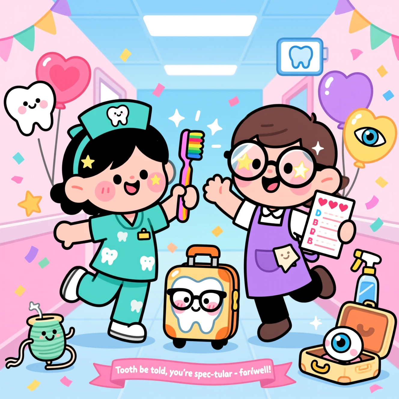 Kawaii cartoon farewell scene with exaggerated proportions, thick black outlines, and bright saturated colors. In a cheerful clinic hallway that blends dental and optical motifs, two chibi characters are center stage: a bubbly dental nurse in teal scrubs with tiny tooth patterns, starry eyes, and a headband with a cute tooth icon, twirling an oversized rainbow toothbrush like a baton; beside her, a joyful optical assistant with oversized round glasses sparkling with star highlights, a lavender apron with a lens cloth peeking out, and a playful mini eye chart (with heart symbols instead of letters) tucked under one arm. They’re mid-hop high-five, one foot lifted, waving goodbye with their free hands. Between them rolls a kawaii suitcase shaped like a tooth wearing glasses, cheeks blushing. Around them: heart-, star-, tooth-, and glasses-shaped balloons, pastel confetti and streamers, sparkles, a smiling floss spool, a friendly lens spray, a tiny mouth mirror with a face, and a shy little eyeball character peeking from an open glasses case. Background is a soft pastel gradient (bubblegum pink to sky blue) with simple icon signage (tooth and eye symbols), no extra text. Lighting is bright and glossy with crisp cel-shading; poses are energetic and whimsical. Composition is full-bleed portrait with the characters large and centered, leaving space for a small ribbon near the bottom. On the pastel ribbon, hand-lettered caption (single line): "Tooth be told, you're spec-tacular - farewell!" Color palette: bubblegum pink, mint, sunshine yellow, sky blue, lavender, citrus orange; clean white accents; smooth, vector-like finish. Mood: cute, celebratory, heartfelt goodbye.
Generated with these themes: Kawaii characters, Dental nurse, Optical assistant, , and .
Made with ❤️ by AI.