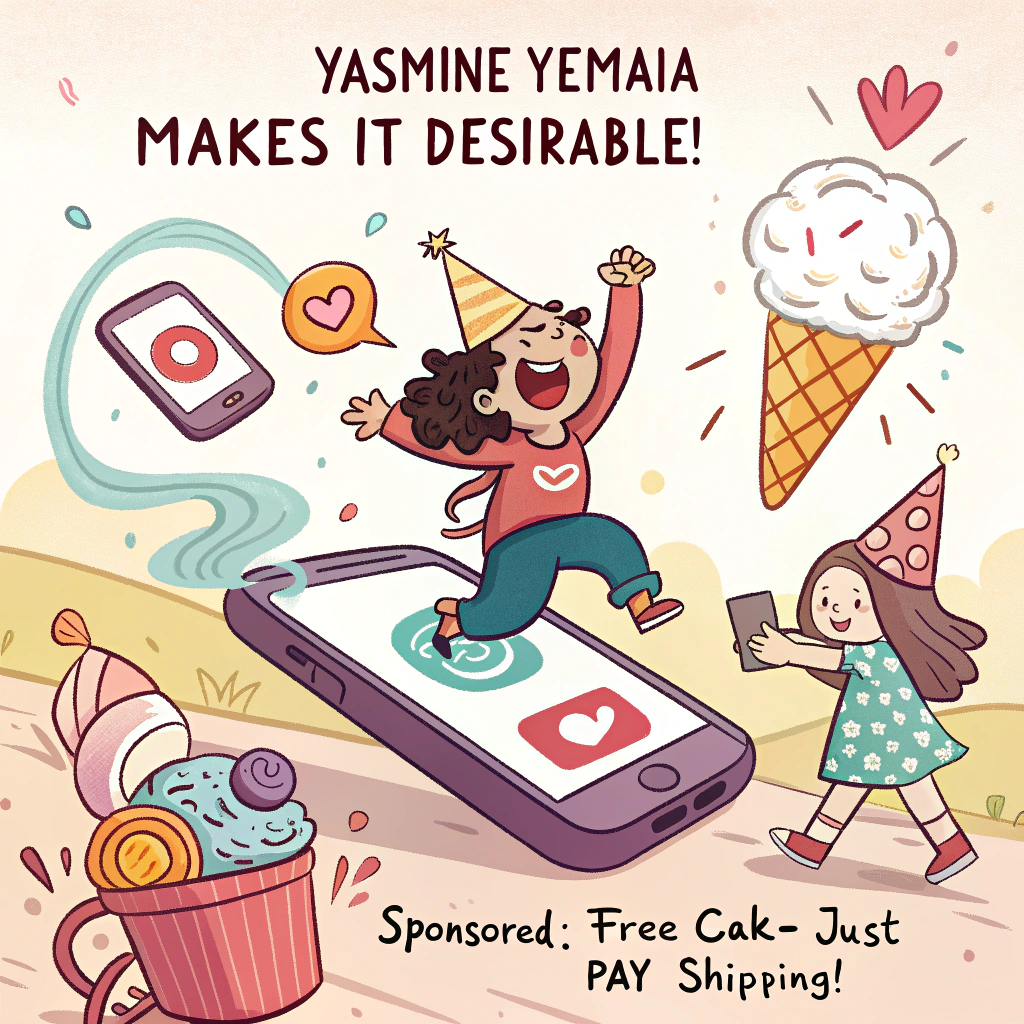 At the top of the Cartoon Style image, "Yasmine Yemaia makes it desirable!"

At the bottom of the image, add "Sponsored: FREE cake—just pay shipping!"

In the center, depict a playful, high-energy cartoon birthday scene: a big-headed, tiny-bodied party hero in a cone hat surfs a giant smartphone shaped like an Instagram-style feed, grinning as a tornado of “freebie” swag whirls around—phone grips, sample creams, tote bags, stickers, funky socks, sunglasses, and tiny parcels with wings. A frosted, multi-tier cake rides the wave too, with candle flames shaped like heart-like icons. A glowing ring light halos behind them; swoosh lines, sparkles, and starburst shapes suggest “ad” badges and swipe arrows without any readable words. Add balloons and confetti shaped like hearts and hashtags, plus bubbly notification-style icons (no text). Use thick black outlines, bright saturated candy colors (electric pinks, lemon yellow, aqua, tangerine, and violet), bold flat shading with glossy highlights, and whimsical, energetic poses. Keep generous clear space for the top and bottom text, and do not include any other legible text or logos.
Generated with these themes: Freebies from advertising on Instagram, and .
Made with ❤️ by AI.