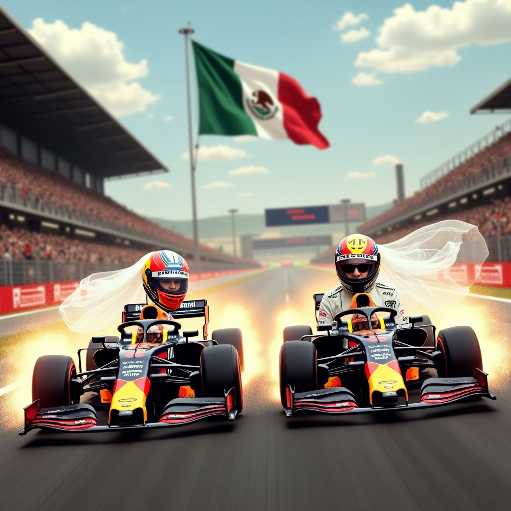 **Prompt:**  
At the top of the realistic photograph image, *"Erin & Ben – Racing to the Aisle like a Red Bull in Love!"*

Create a realistic, high-resolution photograph set at the Autódromo Hermanos Rodríguez in Mexico, during an F1 Grand Prix race. The scene captures a jubilant, funny moment just before the finish line: two bride-and-groom racing cars are neck-and-neck. Erin and Ben's faces are humorously photoshopped into open cockpit helmets—Erin in a glittering white racing suit with a flowing bridal veil flying in the wind, and Ben in a tuxedo-painted car suit with aviator sunglasses and a comically nervous expression.

The Mexico national flag waves in the background grandstand, altered subtly so it reads “Erin & Ben – 20th Sept 2025” across the middle stripe in elegant script. A pit crew of wedding guests cheer wildly from the pit lane—flower girls with tyre guns, and groomsmen waving “Just Married” pit boards.

Champagne sprays mid-air in the background like confetti as flaming exhaust trails sparkle with heart-shaped sparks. Include silly sponsor stickers like “TillDeathTyres,” “I Do-nuts,” and “Fast & Curious” plastered on the cars. A digital race screen overhead reads: “Lap of a Lifetime: Finished!”  

Make sure the overall mood is humorous but romantic, styled like a high-energy sports photograph caught mid-action.
Generated with these themes: Mexico F1 flag with Erin and Ben 20th Sept 2025 on it.
Made with ❤️ by AI.