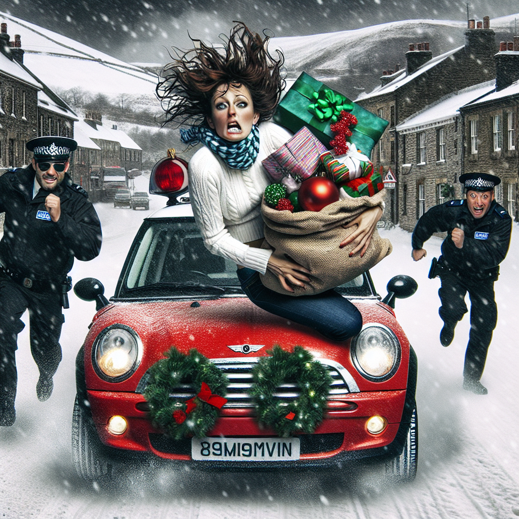 A humorous Christmas-themed illustration depicts a mischievous brunette running through a snowy town with a bag of stolen Christmas presents. In hot pursuit, a duo of carabinieri is seen stumbling behind. The criminal's getaway vehicle, a festive red Mini Cooper festooned with green wreaths, waits with the engine idling, ready for a hasty escape.
Generated with these themes: Brunette, Running from carabinieri , Stole Christmas , and Mini Cooper.
Made with ❤️ by AI.