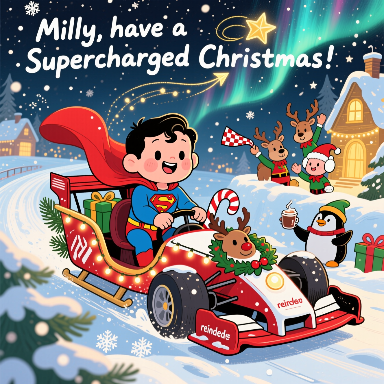 At the top of the Illustration Style image, “Milly, have a Supercharged Christmas!”

A cute, hand-drawn Christmas night scene with fine linework, textured brush strokes, balanced composition, and a warm, expressive color palette. Center stage: a chibi Superman in his classic blue suit with a stylized S-shield and fluttering red cape, joyfully steering a candy-cane red-and-white Formula 1 sleigh-car wrapped in twinkling fairy lights, a holly wreath on the nose, and a glowing “reindeer” nose on the front wing. The open-wheeled sleigh car drifts along a sparkling snow track that ribbons through a cozy, golden-lit village, tossing up glittering snow like stardust. The cape sweeps upward and gently blends into aurora borealis, its curves and star trails forming subtle upward arrows toward a trophy-shaped North Star—radiating inspiration and motivation. Cute pit-crew elves and earmuffed reindeer cheer from a snowbank, waving tiny checkered scarves; a penguin pit boss offers hot cocoa. Gift boxes are strapped to the sidepods; candy-cane stripes on the aero, sprigs of pine on the rear wing; soft, rounded proportions with big shiny eyes and rosy cheeks. Foreground snowflakes softly out of focus; palette of cranberry reds, spruce greens, golden ambers, frosty blues, and creamy whites. Clear, starry sky space at the top for the headline, no other text in the scene.
Generated with these themes: Inspiration , Motivation, F1 lover, Superman, and .
Made with ❤️ by AI.