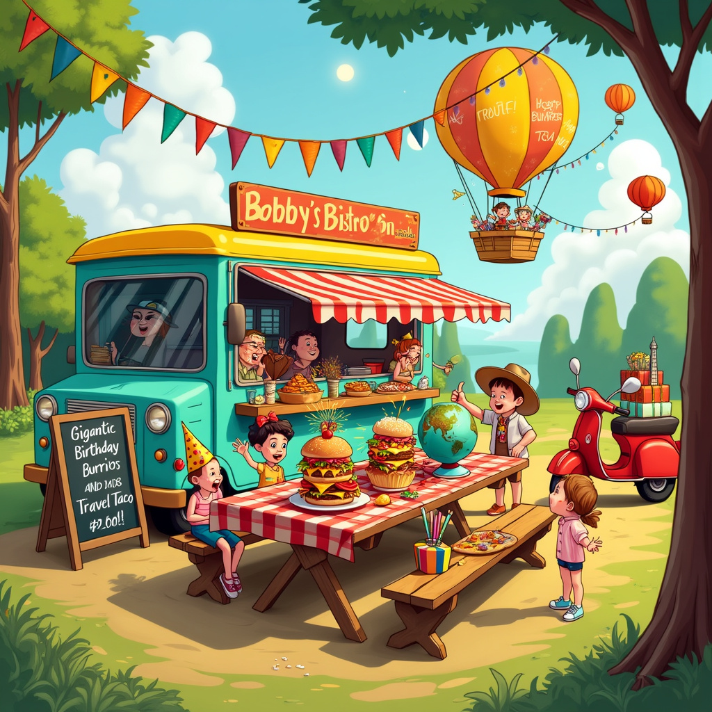 Picture this vibrant, lively scene for the birthday card front cover:

The foreground is dominated by a bright, vintage-style food truck, whimsically named "Bobby's Bistro on Wheels," painted in cheerful shades of turquoise and yellow. The food truck has an awning decorated with colorful pennant banners, swaying gently in the breeze. An inviting chalkboard menu is propped up outside, listing mouthwatering items like "Gigantic Birthday Burritos" and "Travel Tacos" in playful, hand-drawn fonts.

Directly in front of the food truck, a picnic table made from rustic wood is covered with a red-and-white checkered tablecloth. On the table, there’s a feast of playful, over-the-top food items: a towering triple-decker burger with sparklers shooting out of it, a plate of nachos with toppings piled high to the point of almost toppling over, and a whimsical cake shaped like a globe, complete with a tiny edible airplane making its way around it.

Gathered around the picnic table are cartoonish characters of all ages, dressed in travel-themed attire—think Hawaiian shirts, safari hats, and oversized sunglasses. One character is mid-laughter, about to bite into a massive burrito, while another is sipping from a coconut with a curly straw, topped with a little paper umbrella. A kid at the end of the table is wearing a party hat shaped like the Eiffel Tower, face covered in chocolate from a half-eaten cupcake.

In the background, a beautifully detailed hot air balloon floats in the sky, its basket filled with more partygoers waving down. The balloon itself is decorated with bright birthday messages and confetti patterns. To the side, you can see a little scooter with a sidecar parked, its luggage rack filled with presents wrapped in shiny paper and topped with oversized bows.

To tie it all together, the scene is set in a park with lush green grass and tall, leafy trees, with the sun shining brightly above. Tiny paper lanterns are strung between the trees, giving the whole scene an extra festive touch.

This detailed, vivid illustration tells a story of joyous birthday celebrations with friends and family, blending fun and food with the excitement of travel, making for an unforgettable birthday card cover.
Generated with these themes: HAVE FUN AND FOOD ,TRAVELLING.
Made with ❤️ by AI.
