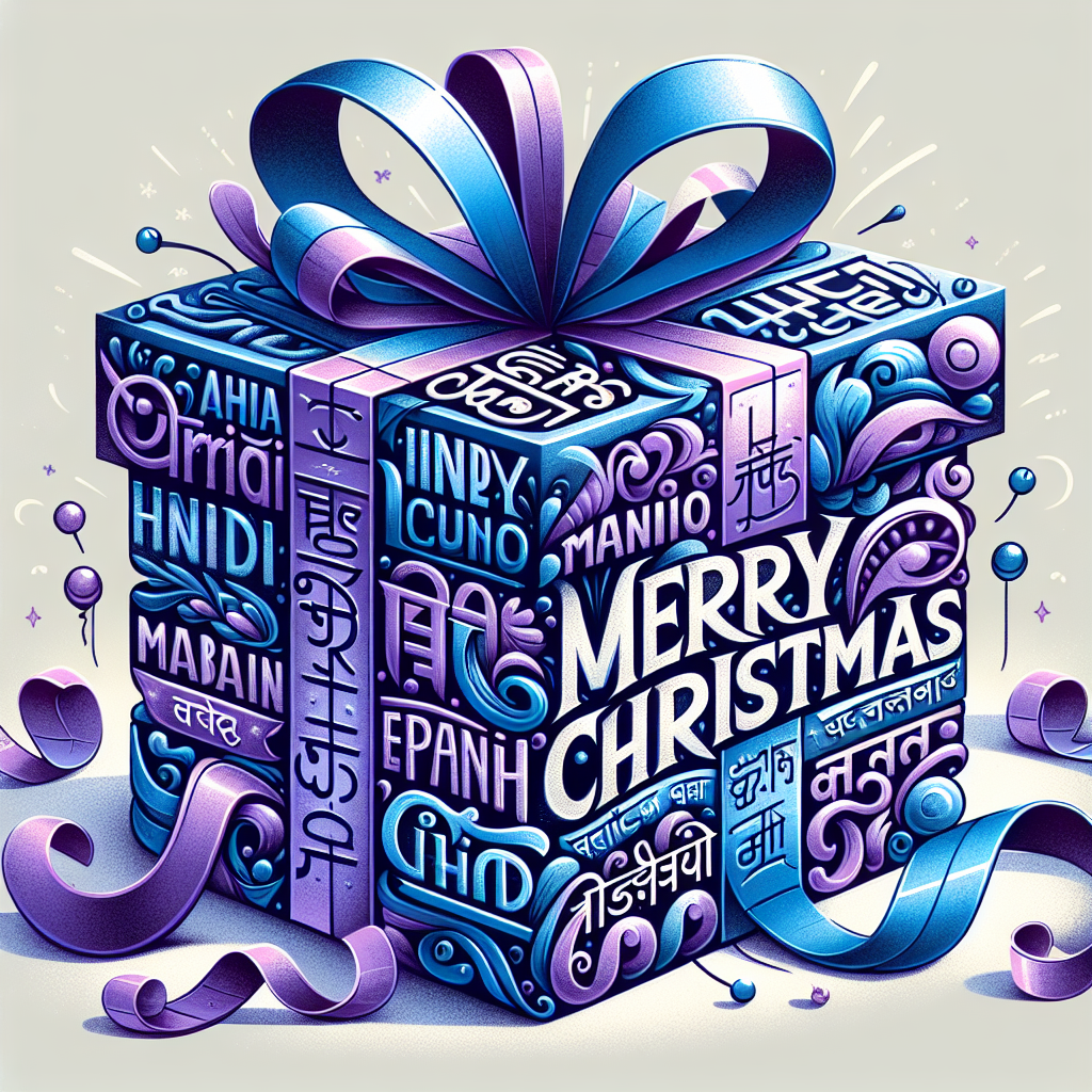 Present with the phrase merry christmas coming out of it in different langauges such as Hindi, German, French, Mandarin, spanish, arabic, russian , Giving the gift of Generative AI translation and localization as a present, and Colours purple and blue Christmas Card