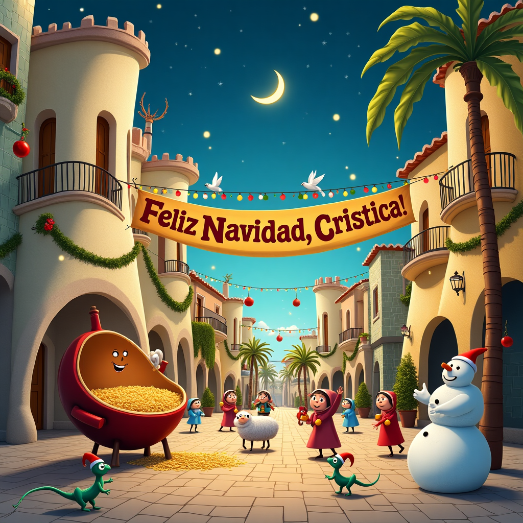 In the whimsical streets of a charming Spanish village, it's Christmas Eve, and the air is abuzz with holiday cheer. The scene is set against the backdrop of a Gaudí-inspired architectural marvel, its curvaceous, mosaic-covered walls adorned with festive lights and garlands. In the foreground, a comical and slightly chaotic nativity play is unfolding in the middle of the cobblestone plaza. A group of cartoonish, wide-eyed children, dressed as shepherds and angels, are hilariously chasing after a runaway sheep that has accidentally snagged Baby Jesus from the makeshift manger, its woolly form trotting merrily along. 

To the left, an oversized, anthropomorphic paella pan is set up like a food stand, complete with a chef's hat and a jolly mustache. It's enthusiastically serving steaming portions of paella to delighted passersby, including a trio of animated olives who are waltzing around, leaving a trail of rice grains behind. Overhead, a vibrant banner strung between two whimsical Gaudí-like towers spells out "Feliz Navidad, Cristina!" in bold, festive lettering, with cheerful cartoon doves carrying the ends of the banner in their beaks. Above them, the sky is a brilliant tapestry of stars and a crescent moon, casting a gentle glow over the comical chaos below.

The background is dotted with charming Spanish buildings, each with brightly colored tiles and wrought-iron balconies adorned with tinsel and Christmas wreaths. A couple of cheeky geckos in Santa hats skitter along the walls, while a street performer, dressed as Don Quixote, strums a flamenco guitar, adding a melodic flair to the scene. A merry snowman, comically out of place in sunny Spain, stands beside a tall, slender palm tree, its branches adorned with baubles and twinkling lights. The scene is a delightful mix of architectural splendor and holiday hilarity, capturing the spirit of Christmas with a distinctly Spanish twist.
Generated with these themes: architecture and spain.
Made with ❤️ by AI.