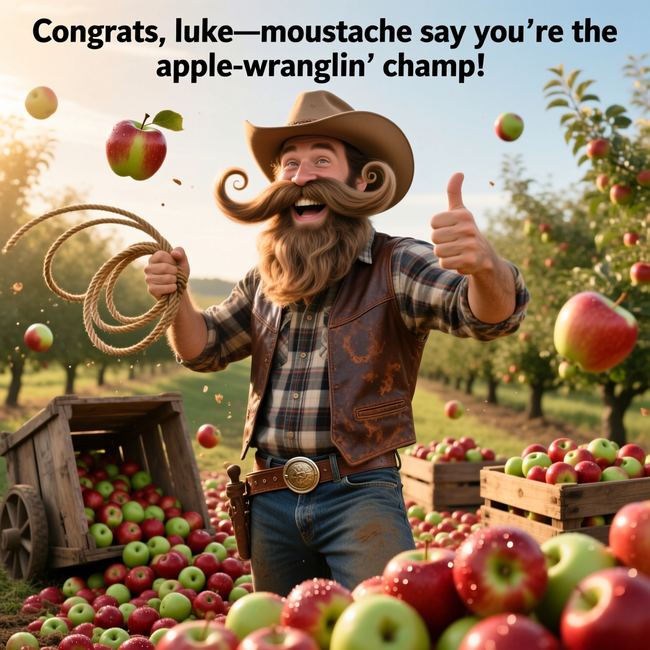 At the top of the Photorealistic picture taken from a camera image, place the single line: “Congrats, luke—moustache say you’re the apple-wranglin’ champ!”

Ultra-high-definition 4K UHD, ultra-photorealistic camera-shot scene of a jubilant cowboy with an absurdly huge handlebar moustache in a sunlit apple orchard. He stands grinning, slightly off-center, waist-up, with an avalanche of apples everywhere: hundreds of glossy red and green apples spilling from a tipped wooden wagon and overflowing crates, carpeting the ground and a few caught midair as they tumble. The moustache is comically massive and perfectly curled; each curl cradles an apple, one wobbling precariously, emphasizing the joke. He holds a coiled lasso in one hand and gives a playful thumbs-up with the other; weathered felt hat, scuffed leather vest over a plaid shirt, dusty denim, big belt buckle. Lifelike textures: coarse moustache bristles, grainy leather, fibrous rope, rough wood, and realistic apple skin with tiny pores, dimples, stems, and a natural waxy sheen; a hint of dew on some apples. Lighting is warm golden hour from camera-left, with soft rim light kissing the hat brim and moustache; subtle dust motes glowing in the air. Background shows rows of apple trees receding into depth, a rustic fence, and a distant barn; clear sky above provides clean negative space for the single line of text. Composition: slightly low-angle hero shot, three-quarter framing; rich sense of depth with foreground apples sharp and the orchard softly falling into bokeh. Camera look: full-frame DSLR, 35mm lens, f/4, 1/1000s, ISO 200; tack-sharp focus on the cowboy’s face and moustache, motion-frozen apples midair, natural color, accurate lighting, true-to-life textures. Mood: cheeky, triumphant, funny. No additional text or logos.
Generated with these themes: Cowboy, Huge moustache , Loads and loads of appes, and .
Made with ❤️ by AI.
