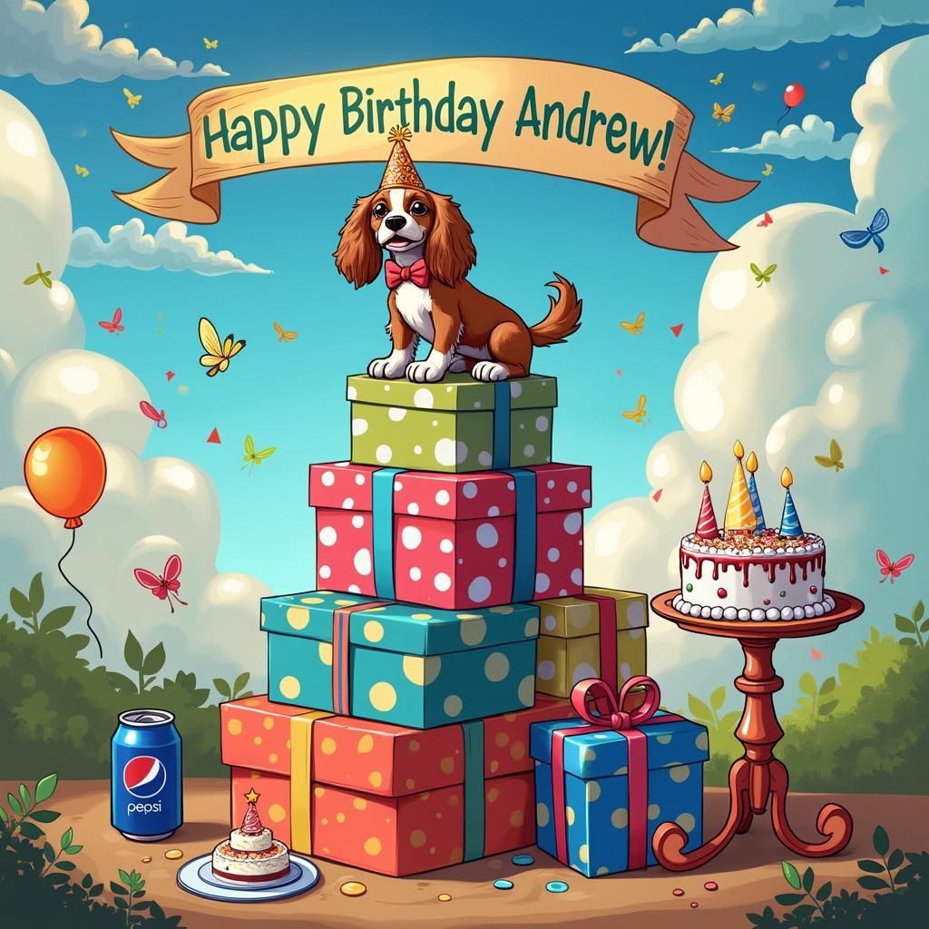Photo concept of a cavalier king charles spaniel sitting atop a pile of birthday presents with a bowl of Pepsi Max nearby., and Happy birthday Andrew text Birthday Card
