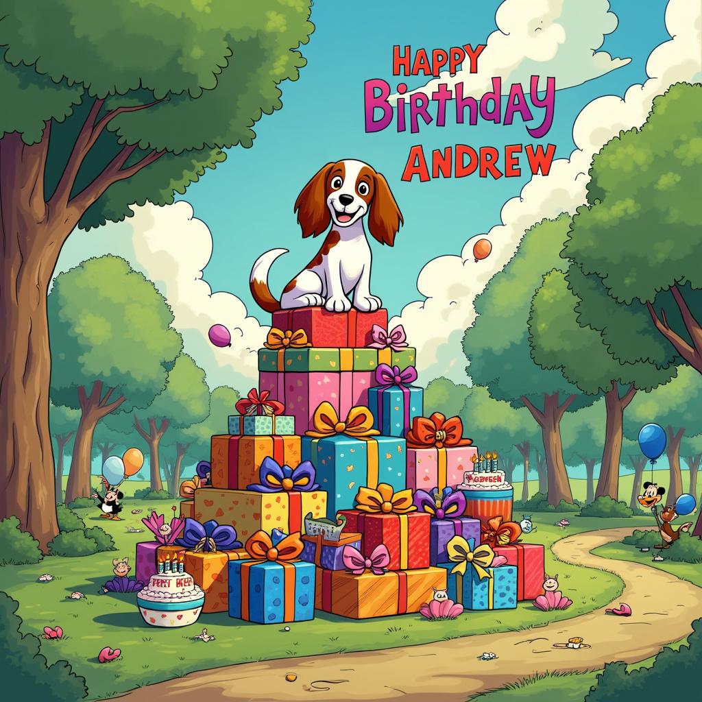 Photo concept of a cavalier king charles spaniel sitting atop a pile of birthday presents with a bowl of Pepsi Max nearby., and Happy birthday Andrew text Birthday Card