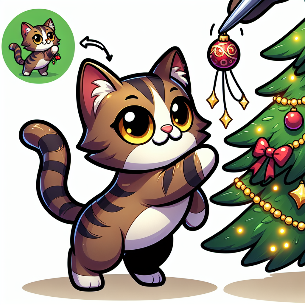 Create a delightful cartoon Christmas scene with an adult brown tabby cat, accented with white, becoming the centre of attention. This cat has a normal build and displays radiant yellow eyes. It is adorned with festive ribbons, giving it a holiday charm. The cat is shown playfully pawing at the dangling ornaments hanging from a nearby beautifully decorated Christmas tree.
.
Made with ❤️ by AI.