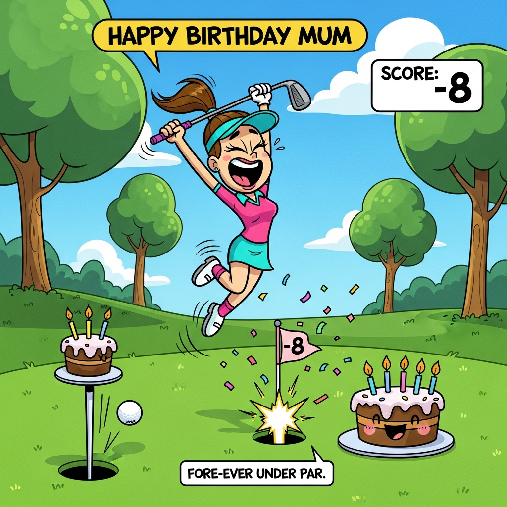 Wii Sports Golf, Hole in One, Jumping Celebration, Female Golfer, Birthday Cake, Score -8, and Birthday Card