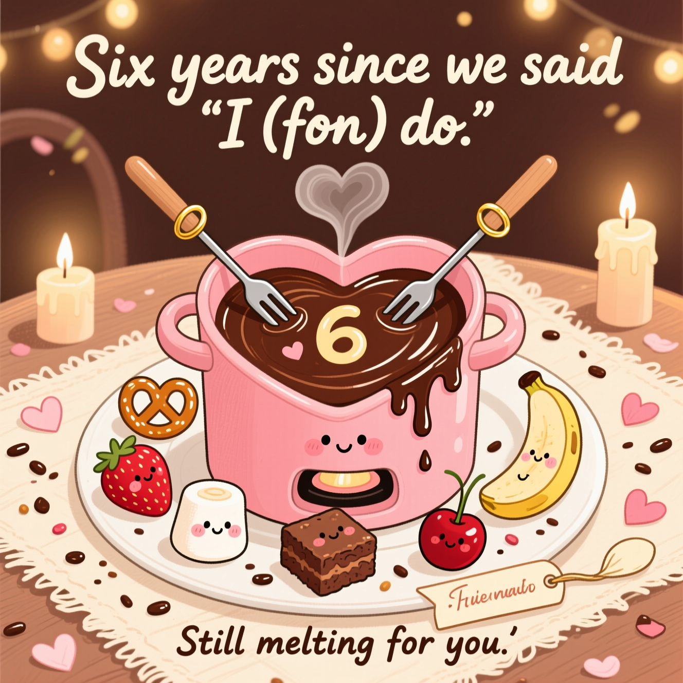 At the top of the Illustration Style image, "Six years since we said 'I (fon) do.'"

At the bottom of the image, "Still melting for you."

- Hand-drawn illustration with fine linework, textured brush strokes, balanced composition, and a warm, expressive color palette.
- Centerpiece: a heart-shaped fondue pot brimming with glossy chocolate; the swirl on top subtly forms the number 6, with tiny heart-shaped drips.
- Two fondue forks cross above the pot like a vow; tiny gold rings rest near the handles; a soft curl of steam rises into a heart.
- Arrange six cute dippables around the pot (strawberry, marshmallow, banana slice, pretzel, brownie cube, cherry), each with tiny smiles and rosy cheeks.
- Cozy table setting with a cream linen, scattered chocolate sprinkles, and petal-like heart confetti; warm candle glow and twinkly bokeh lights in the background.
- Palette: rich cocoa browns, blush pinks, creamy ivory, cherry reds, and soft gold highlights.
- Lettering treatment: headline looks piped in chocolate with glossy highlights; bottom line on a small cream ribbon tag, handwritten and sweet.
- Composition: text-forward—big headline at the top, centered fondue scene, small punchline at the bottom; keep it whimsical, romantic, and cute, not photorealistic.
Generated with these themes: Chocolate fondue, and .
Made with ❤️ by AI.