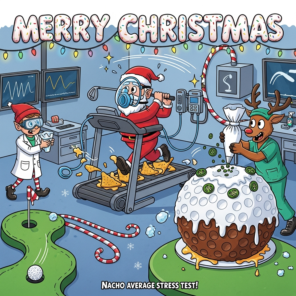 At the top of the Cartoon Style image, Merry Christmas

Playful, bright, and funny cartoon scene with thick outlines and saturated holiday colors. Inside a festive clinical exercise physiology lab wrapped in twinkly lights and candy-cane tubing, Santa (exaggerated proportions, big expressive eyes) jogs on a treadmill whose moving belt is a conveyor of golden nacho chips dripping melty cheese. He’s wearing a clear blue metabolic mask linked to a rolling VO2 cart and mid-jog swings a golf club, leaving a swooshing arc of sparkles. An elf clinician in a lab coat and goggles pipes snowy icing from a peppermint-striped piping bag onto a giant golf-ball cake (frosted dimples glistening like snow), while a reindeer assistant in scrubs sprinkles jalapeños like tree ornaments onto the nachos. Monitors show playful, stylized squiggles shaped like Christmas trees and golf swing curves. A mini putting-green mat winds through the lab with candy-cane rails; a frosted cake-pop “golf ball” rolls toward a snowflake hole. Snowflake sweat, dynamic motion lines, starbursts, and chunky shadows keep the energy high. Render the “Merry Christmas” text at the top as glossy white cake icing piping with colorful sprinkles. Add one small, cheeky caption near the bottom in bold, fun lettering: “Nacho average stress test!” No other text.
Generated with these themes: Clinical exercise physiology, nachos, golf, cake icing , and .
Made with ❤️ by AI.