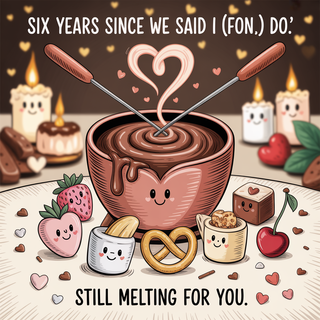 At the top of the Illustration Style image, "Six years since we said 'I (fon) do.'"

At the bottom of the image, "Still melting for you."

- Hand-drawn illustration with fine linework, textured brush strokes, balanced composition, and a warm, expressive color palette.
- Centerpiece: a heart-shaped fondue pot brimming with glossy chocolate; the swirl on top subtly forms the number 6, with tiny heart-shaped drips.
- Two fondue forks cross above the pot like a vow; tiny gold rings rest near the handles; a soft curl of steam rises into a heart.
- Arrange six cute dippables around the pot (strawberry, marshmallow, banana slice, pretzel, brownie cube, cherry), each with tiny smiles and rosy cheeks.
- Cozy table setting with a cream linen, scattered chocolate sprinkles, and petal-like heart confetti; warm candle glow and twinkly bokeh lights in the background.
- Palette: rich cocoa browns, blush pinks, creamy ivory, cherry reds, and soft gold highlights.
- Lettering treatment: headline looks piped in chocolate with glossy highlights; bottom line on a small cream ribbon tag, handwritten and sweet.
- Composition: text-forward—big headline at the top, centered fondue scene, small punchline at the bottom; keep it whimsical, romantic, and cute, not photorealistic.
Generated with these themes: Chocolate fondue, and .
Made with ❤️ by AI.