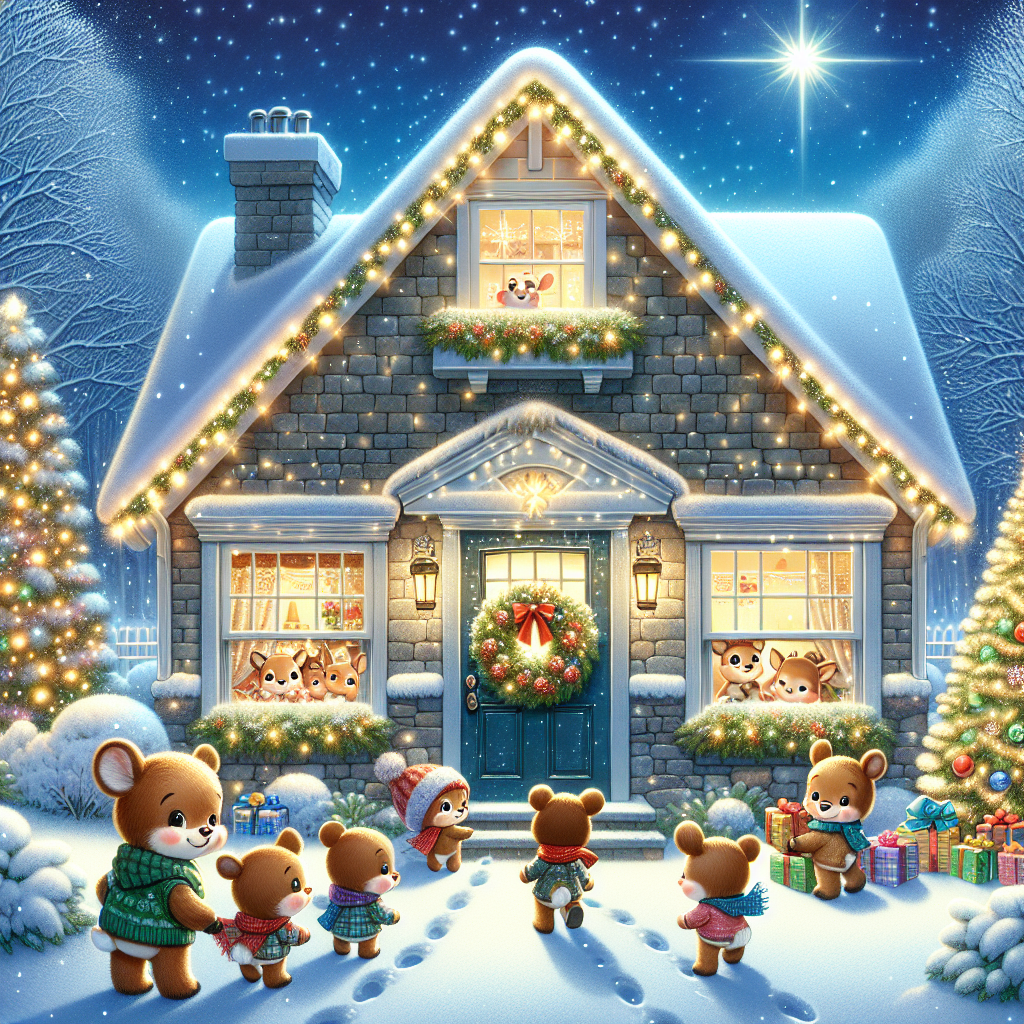 In this heartwarming Christmas themed illustration, a picturesque new home takes center stage, adorned with twinkling lights and wreaths on the doors. The fresh snowfall creates a soft blanket around the house, with playful footprints leading to a snow-covered doorstep. An adorable family of cartoon reindeer peers in through a large window, where a shimmering Christmas tree can be seen surrounded by wrapped gifts. A clear night sky above is lit by a bright, shining star, setting a magical holiday scene.
Generated with these themes: New home.
Made with ❤️ by AI.