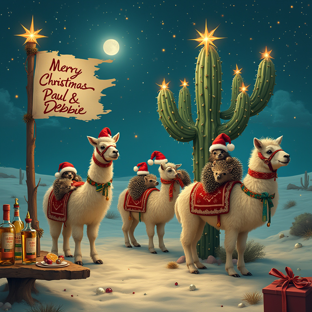 Hedgehogs, Llamas, Cactus, Tequila , and Hedgehogs with hats and scarves riding on llamas wearing Santa hats, baubles tinsel. In background cactus with star, lights and baubles and Merry Christmas Paul & Debbie banner Christmas Card