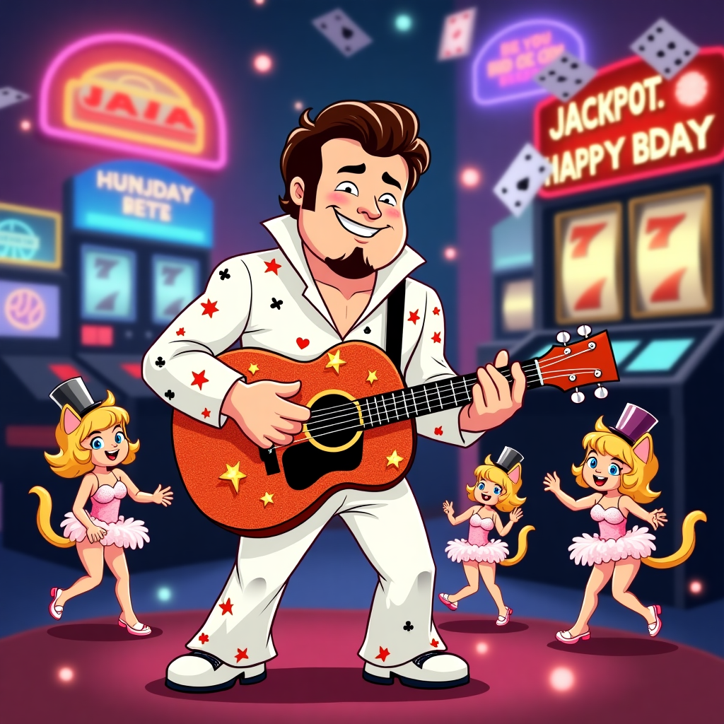 Man with brunette hair and goatee facial hair playing the guitar in Las Vegas casino , and Birthday Card