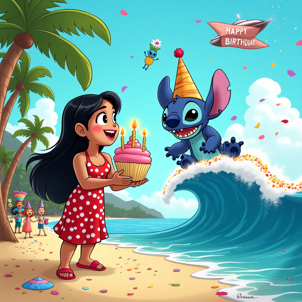 At the top of the cartoon image, "Brianna, you’ve officially gone full Stitch—cute, chaotic, and birthday fabulous!"

**Prompt for the image:**  
A cartoon-style scene on a tropical beach in Hawaii with Lilo holding a giant cupcake that's nearly toppling over with candles, and Stitch wearing a party hat, surfing on a wave made entirely of sprinkles. Behind them, alien party crashers (resembling characters from the Lilo & Stitch universe) are chaotically celebrating—some juggling pineapples, one hanging upside down in a coconut tree, and others throwing glitter instead of confetti. The sky is bright and sunny with a “Happy Birthday” banner being flown by a little UFO in the background. Overall, the scene is bursting with fun, color, and mischief—pure intergalactic birthday mayhem.
Generated with these themes: lilo and stitch.
Made with ❤️ by AI.