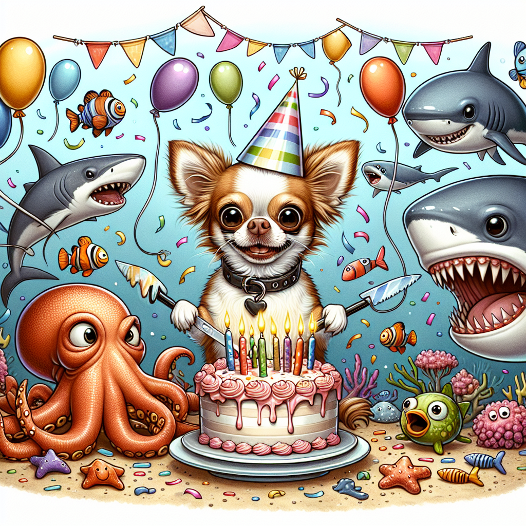 In this imaginative cartoon celebration, a jolly Chihuahua donned in party attire becomes the star, amid various ocean-dwelling creatures. An octopus, sporting a party cap, deftly slices through the birthday cake utilizing its arms, alongside a shark with helium-filled balloons attached to its fins, circling the merriment with a tooth-filled smile. A crab scuttles across the scene, clasping a birthday banner within its pincers, while fishes expressing humorous reactions scatter confetti in all directions, contributing to the joyous ambiance of the underwater birthday festivity.
Generated with these themes: Chihuahua , Octopus , Shark, Crab, and Fish .
Made with ❤️ by AI.