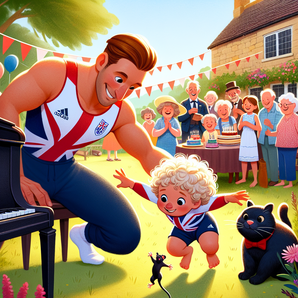 Visualize an adorable cartoon depiction set in a summer festival located in the Cotswolds. The festivity is being held for the second's birthday of a Caucasian toddler with light, curly hair, and his father's 32nd birthday, both dressed in Team GB gymnastics uniforms. The toddler is joyously tumbling near his father, showcasing their shared interests. A playful interruption comes in the form of a black cat holding a dead mouse in its mouth. Close by, the villagers congregate around a black grand piano, setting a cheerful atmosphere with their music for the celebration, creating a moving and vibrant birthday scene.
Generated with these themes: Two year olf son with light curly hair, 32nd birthday, Team GB gymnastics, Black cat with a dead Mouse in its moutb, Cotswolds summer fete , and Black Grand Piano.
Made with ❤️ by AI.