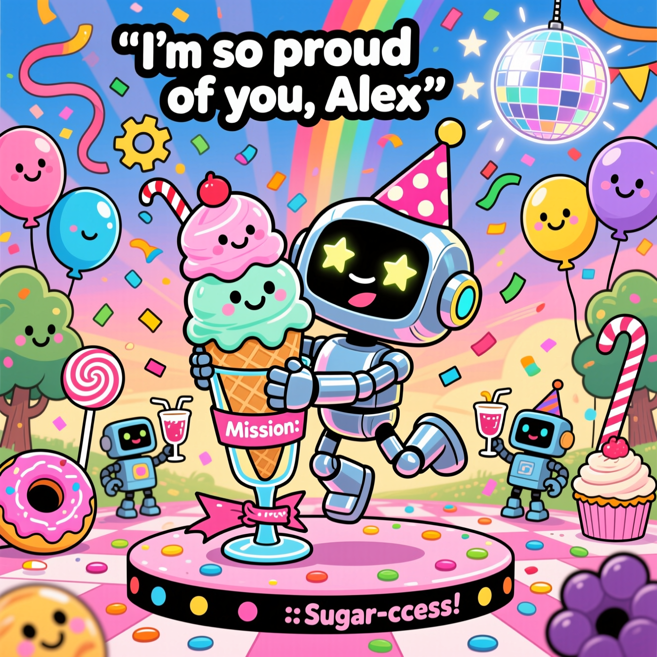 Robot, sweets, ice cream, party, and Congratulations Card