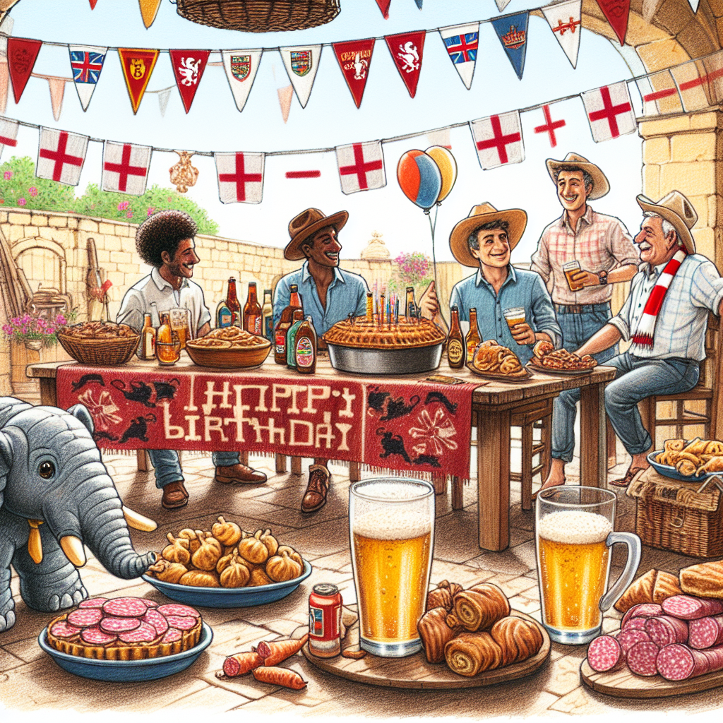Draw a heartwarming scene of a birthday party taking place in a traditional Maltese courtyard. In the center, there should be a rustic table filled with Maltese delicacies, such as timpana and lampuki pie. Accentuating this, there should be a chilled beer next to an array of colorful salamis. The birthday party attendees, of different races and genders, are conversing merrily; one of them sports a cowboy hat. An English football team's scarf decorates a chair, paying homage to the birthday person's favorite soccer team. A plush elephant toy, reminiscent of a classic children's story, sits on the table, its eyes set on a 'Happy Birthday' banner hanging just above, filling the festive space with a sense of joy and celebration.
Generated with these themes: Malta, Maltese food, Cisk lager, West ham, Salami, Dumbo, Cowboy hat, and Happy birthday.
Made with ❤️ by AI.