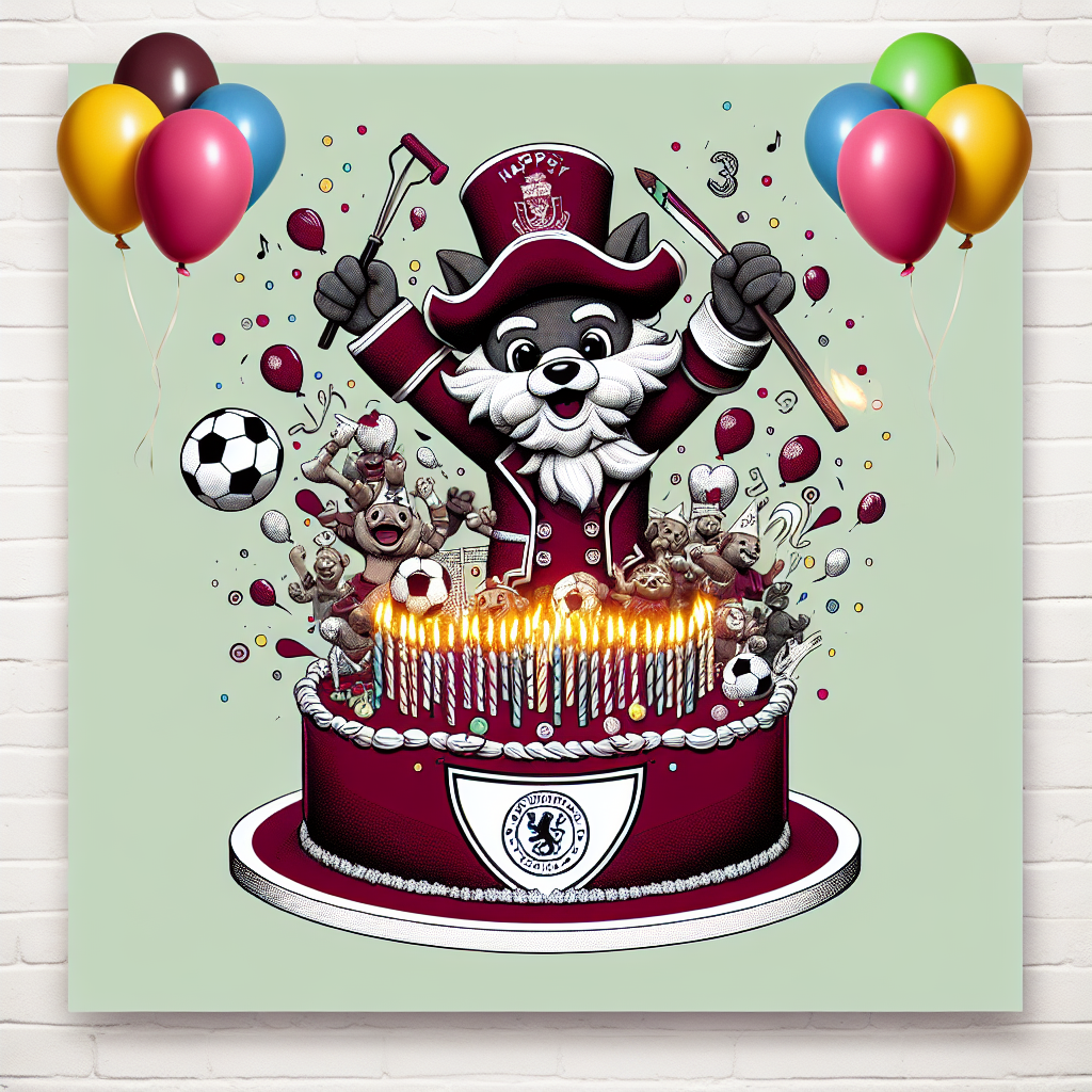 Imagine a captivating illustration of a lively birthday celebration with predominant maroon and black hues representative of a football club. The centerpiece of this picture is an adorable anthropomorphic sea captain character, an acknowledged nod to a certain club's mascot, joyfully extinguishing candles on a birthday cake. The cake is gracefully embellished with a small football and an ornamental emblem resembling a team's crest. Floating around are multicolored balloons, contributing to the sense of festivity.
Generated with these themes: Grimsby Town.
Made with ❤️ by AI.