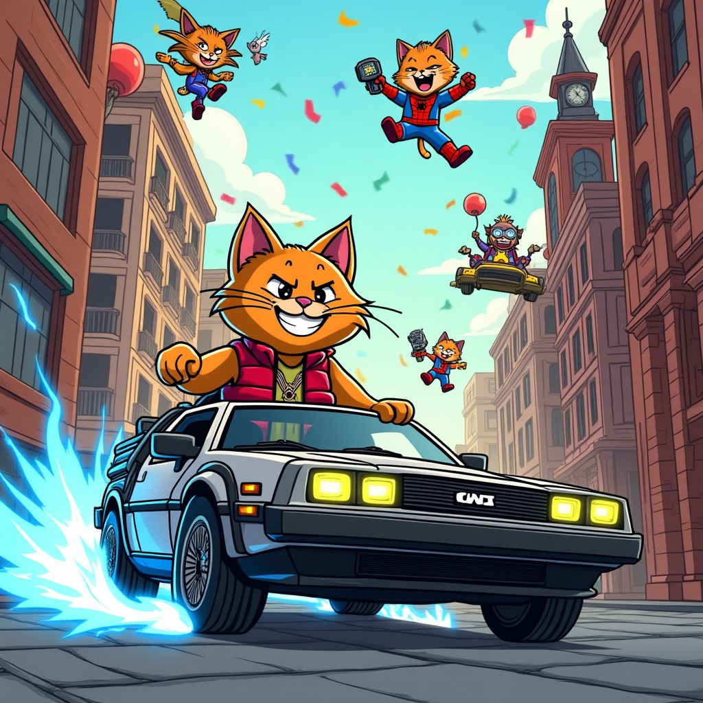At the top of the Cartoon Style image, Happy Birthday Toby!

Big, funny, high-energy cartoon scene with exaggerated proportions, thick black outlines, and bright saturated colors: a brick-built DeLorean time machine power-slides through a toy-brick street, blue time-lightning crackling. A chonky tabby “Marty” cat in a red puffer vest leans out of the open gullwing door grinning; a wild-haired tabby “Doc” in a lab coat waves a chunky remote. Overhead, a tabby Spider-Cat swings on a yarn web; an Iron Cat zooms past with glowing paw-repulsors; a Captain Ameowrica tabby poses atop stacked bricks with a paw-star shield. Background: whimsical brick city and a big clock tower; confetti, balloons, and playful motion lines everywhere. Keep poses dynamic, expressions silly, and colors bold.

At the bottom, add one cheeky line in a small ribbon or speech bubble: Great Scott, Pawssemble!
Generated with these themes: Lego, marvel, back to the future, tabby cats, and .
Made with ❤️ by AI.
