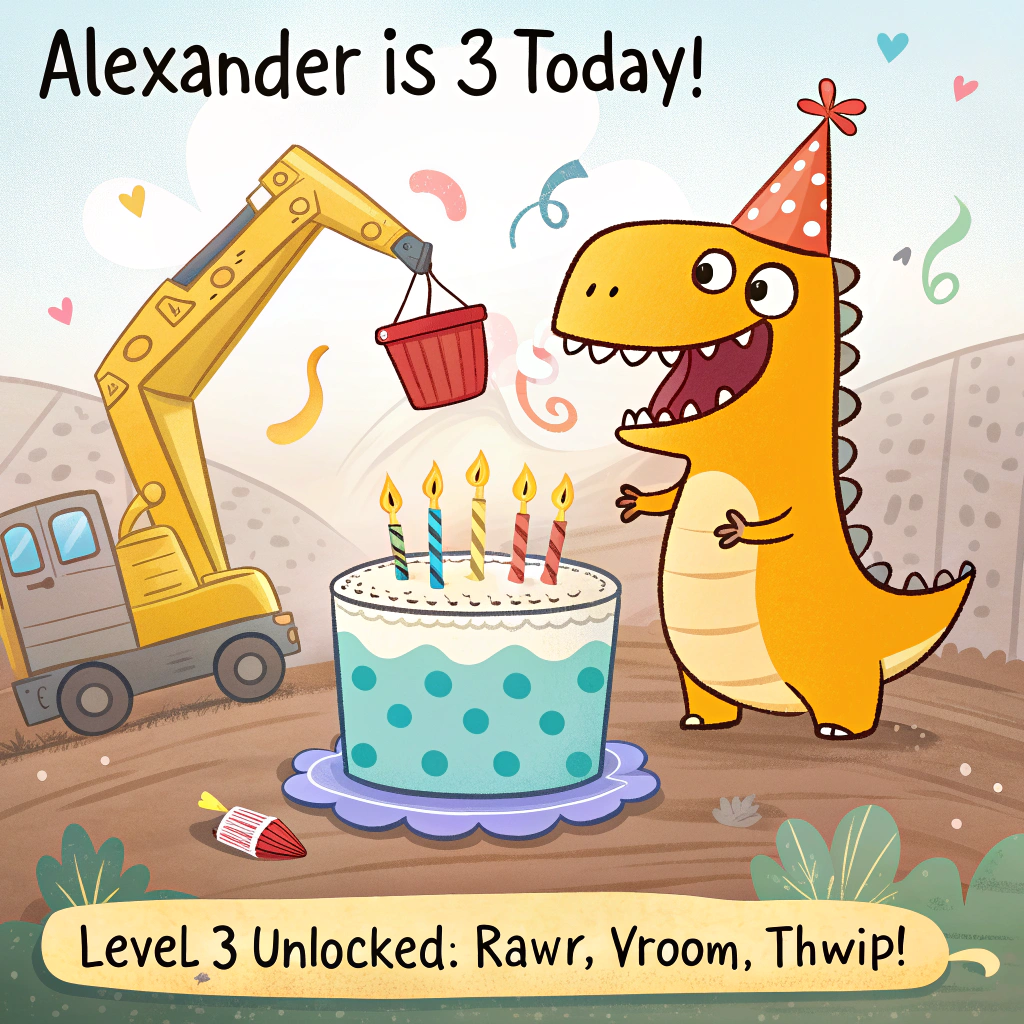 Birthday cake with 3 candles on it/balloons/Spiderman/dinosaurs/diggers, and Birthday Card